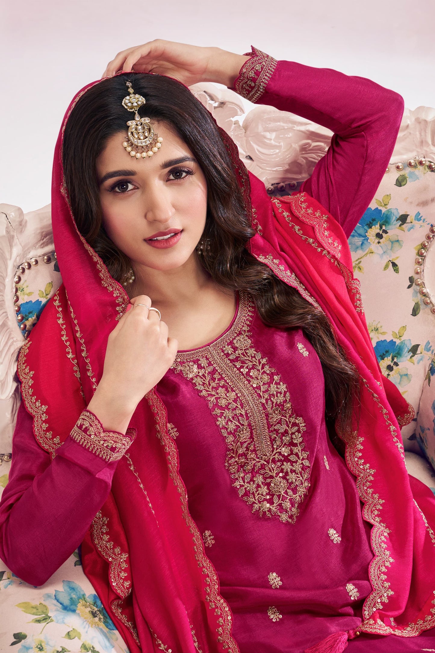 New Style Dark Pink Color Embroidery Work Palazzo Dress With Dupatta