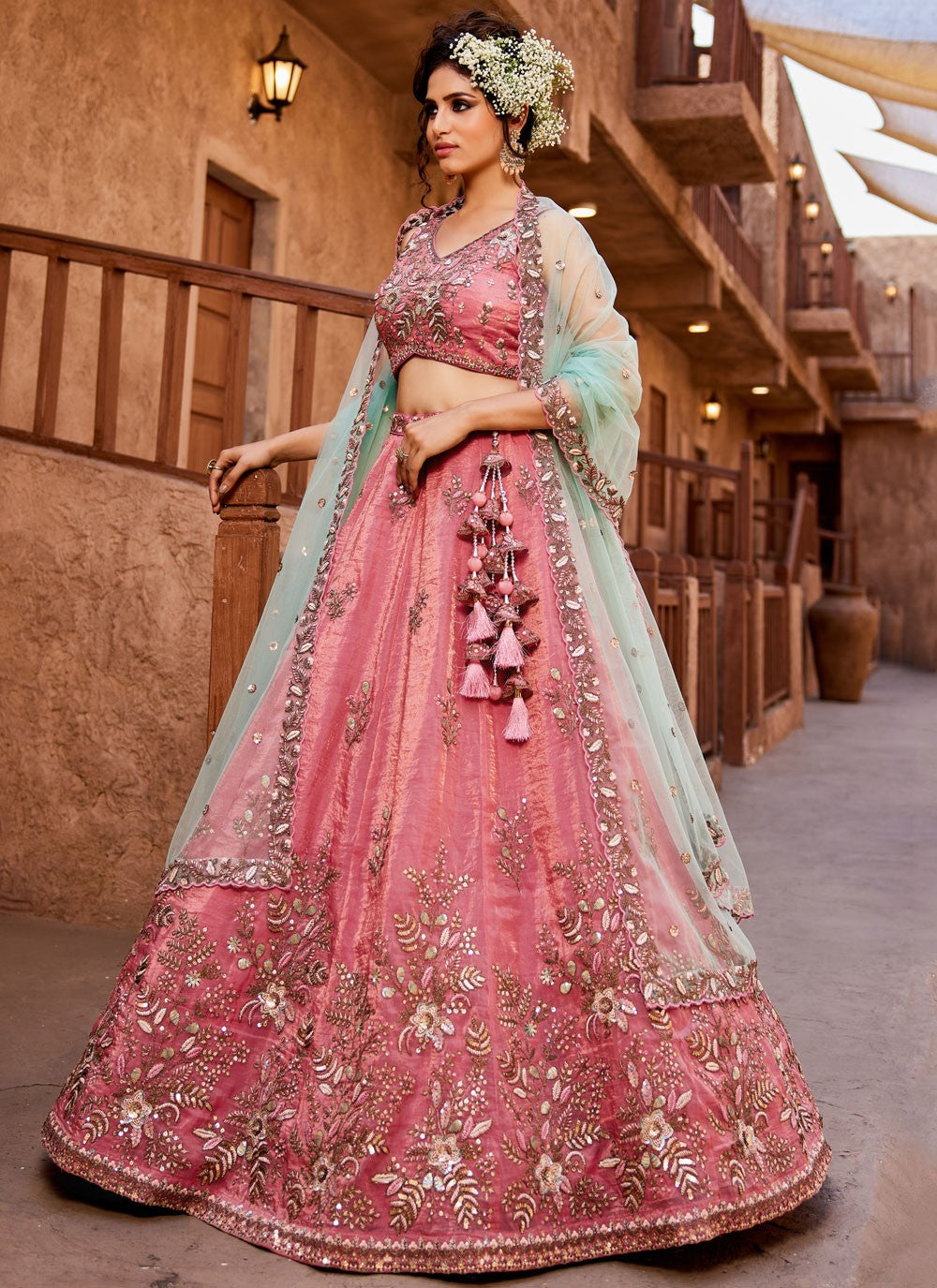 Pakistani Designe Pink Color Coding & Embroidery Work For Nikah Wear Lehenga Choli With Net Fabric Dupatta