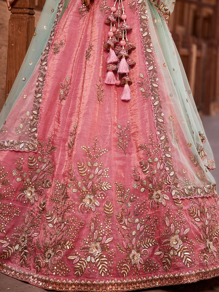 Pakistani Designe Pink Color Coding & Embroidery Work For Nikah Wear Lehenga Choli With Net Fabric Dupatta