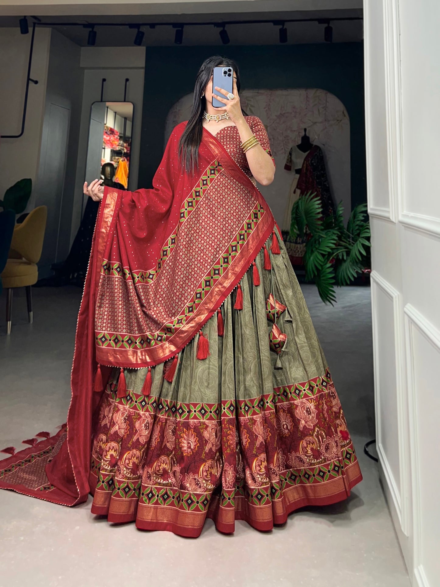 Olive Green Silk Stylish Lehenga Choli for Wedding Reception