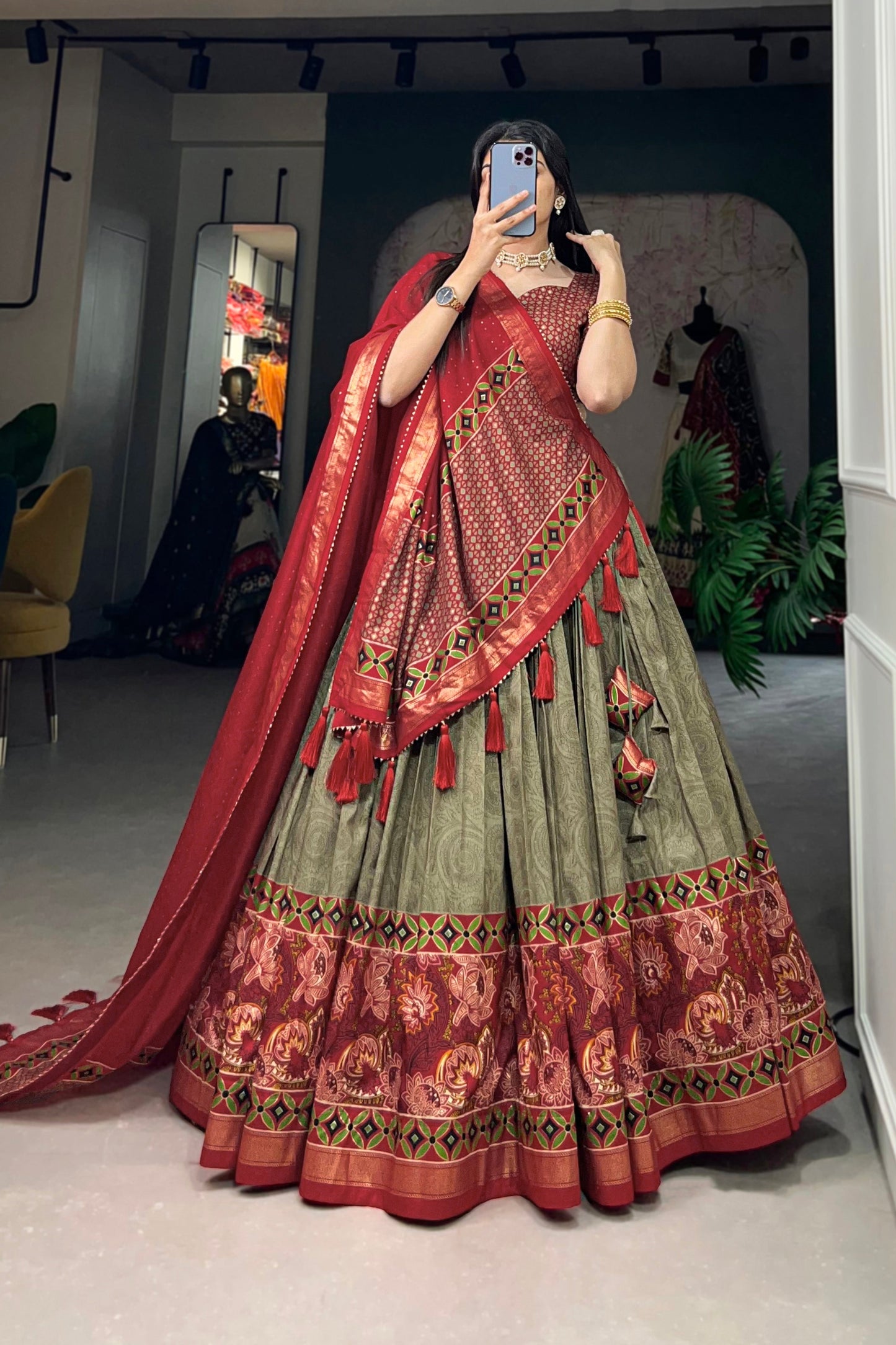 Olive Green Silk Stylish Lehenga Choli for Wedding Reception