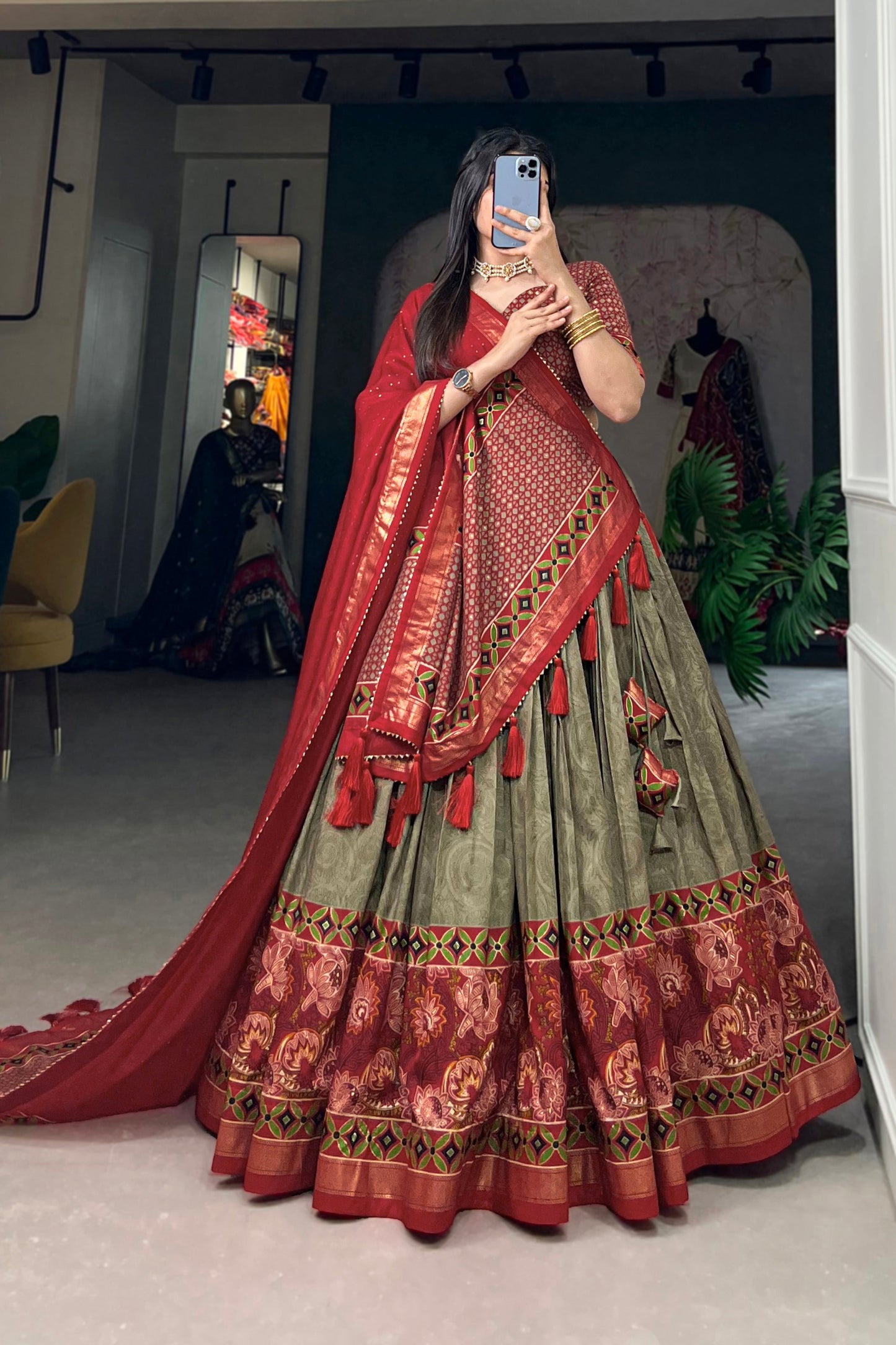 Olive Green Silk Stylish Lehenga Choli for Wedding Reception