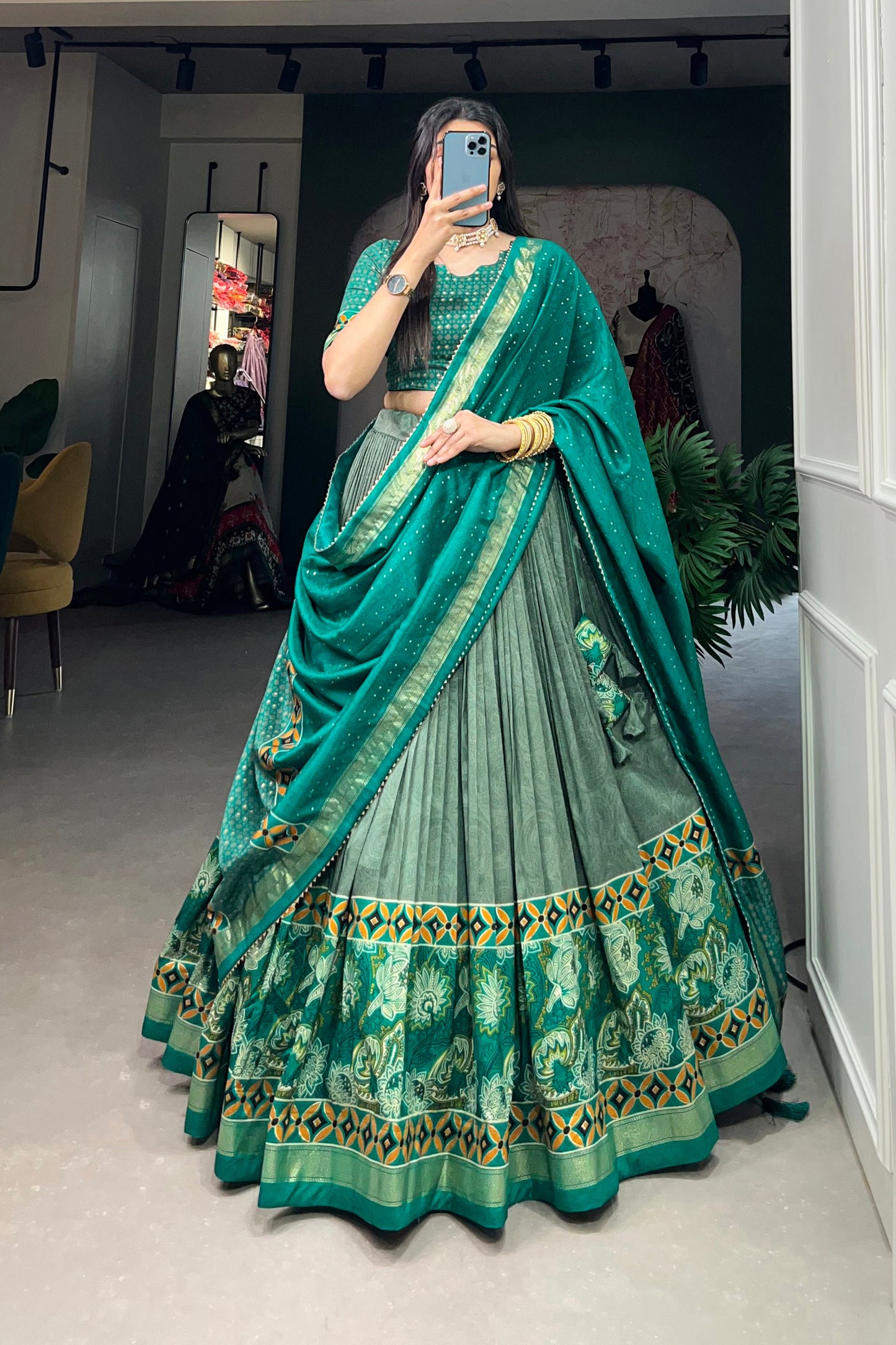 Green Silk Printed Lehenga Choli for Festival