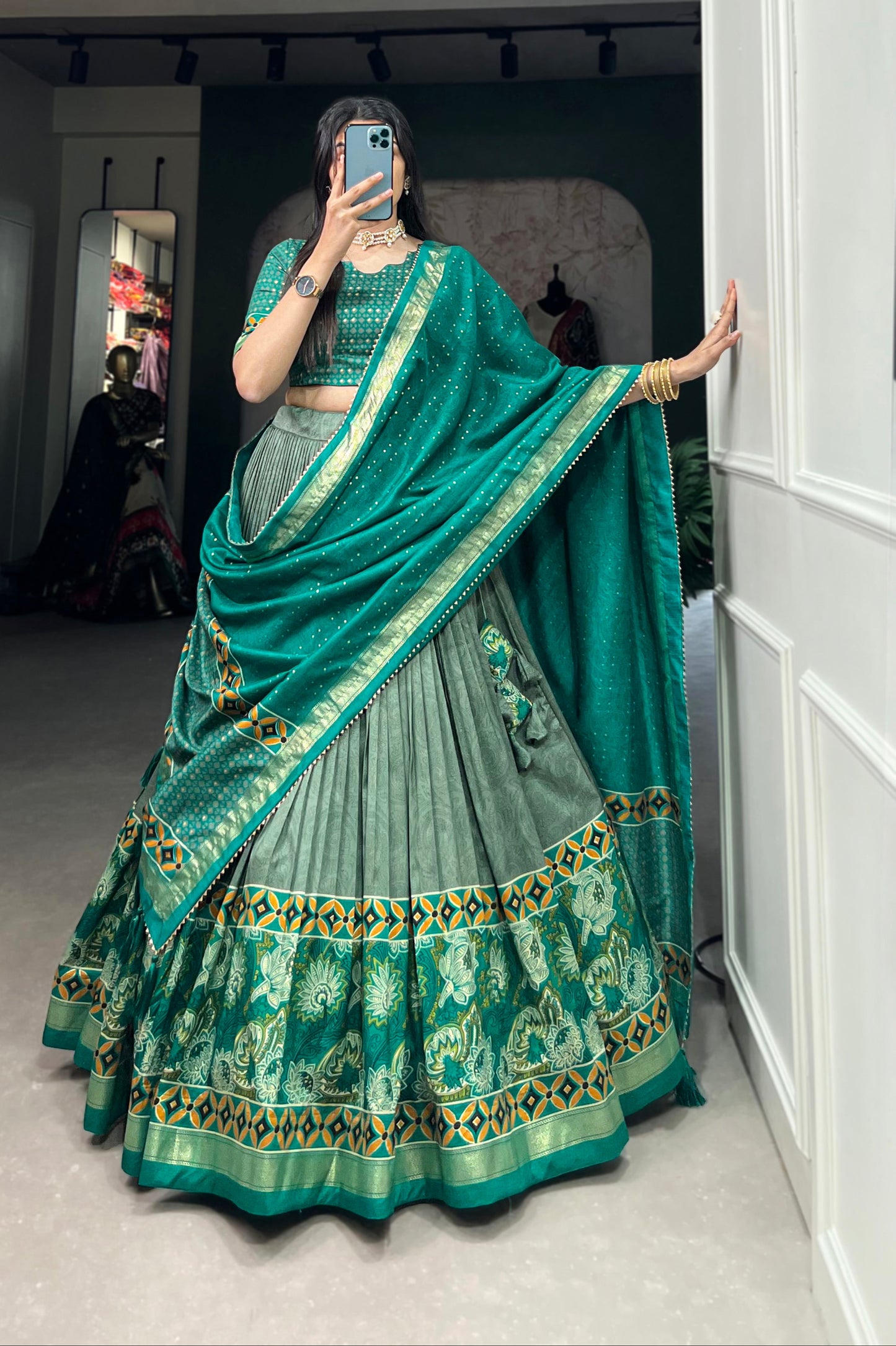 Green Silk Printed Lehenga Choli for Festival