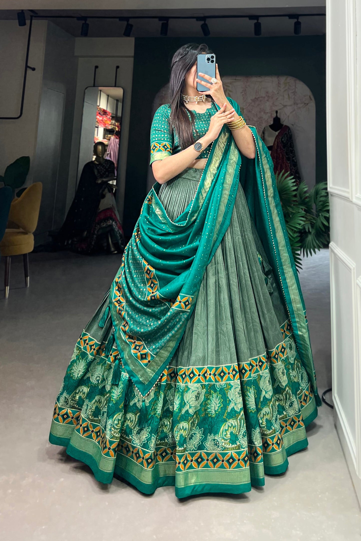 Green Silk Printed Lehenga Choli for Festival