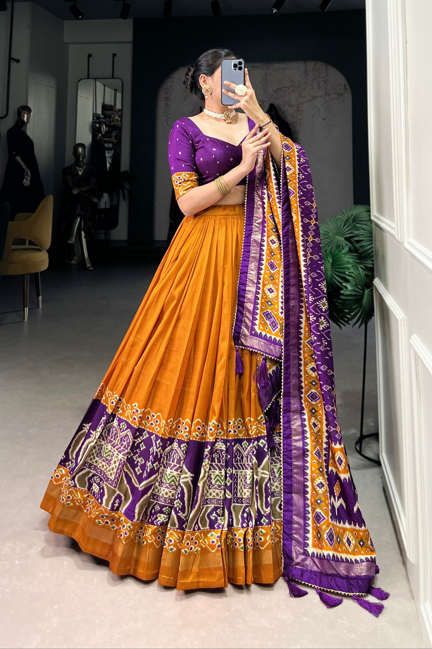 Mustard Patola Lehenga Choli with Foil Print Dupatta for Navratri