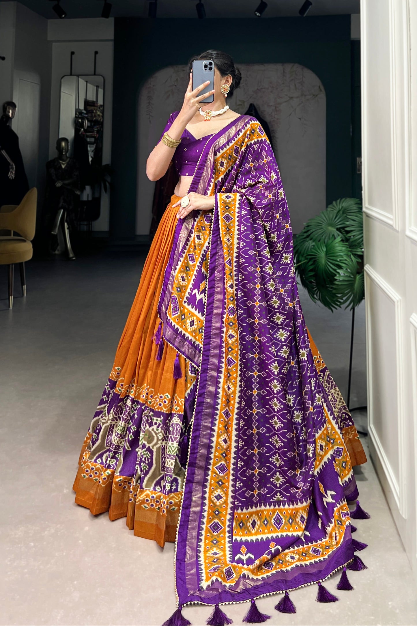 Mustard Patola Lehenga Choli with Foil Print Dupatta for Navratri