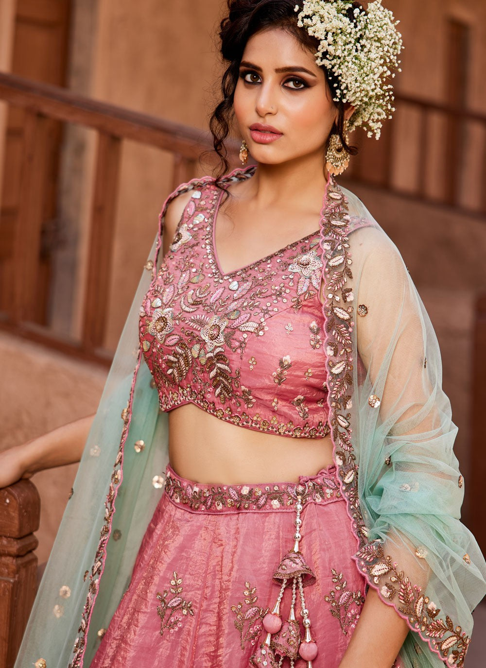 Pakistani Designe Pink Color Coding & Embroidery Work For Nikah Wear Lehenga Choli With Net Fabric Dupatta