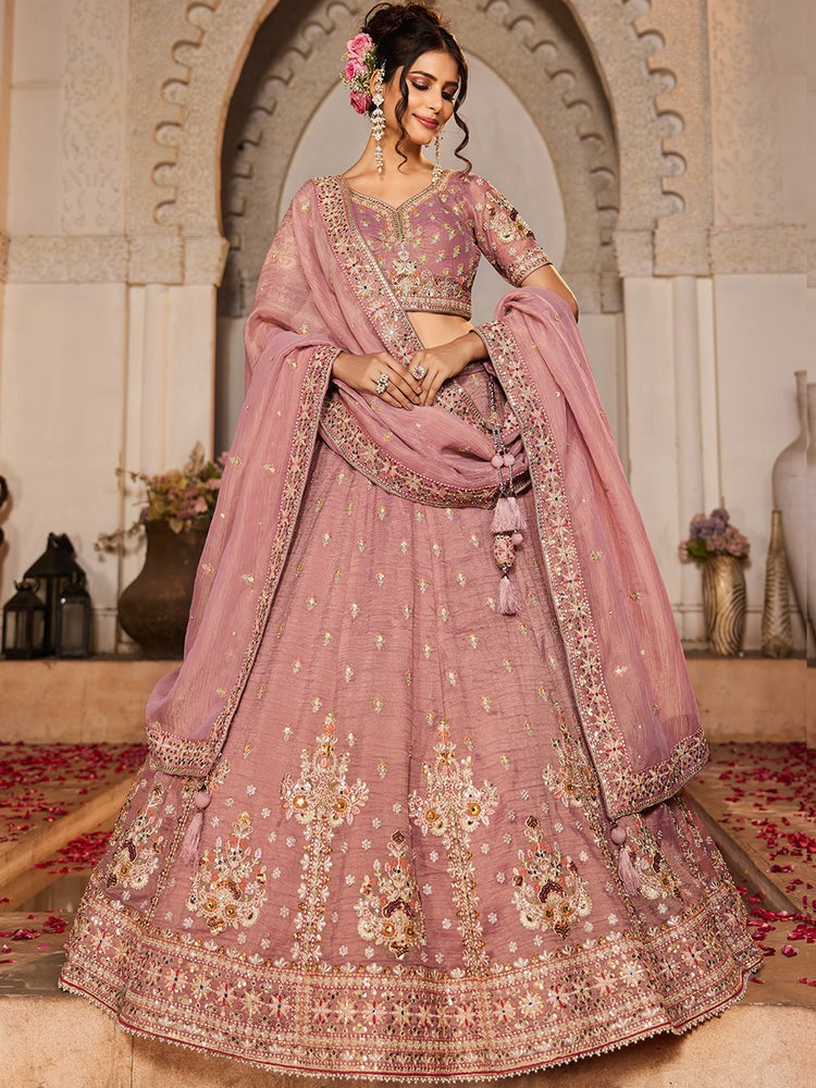 Wedding & Reception Party Wear Pink Color Embroidery Work Flared Style Lehenga Choli
