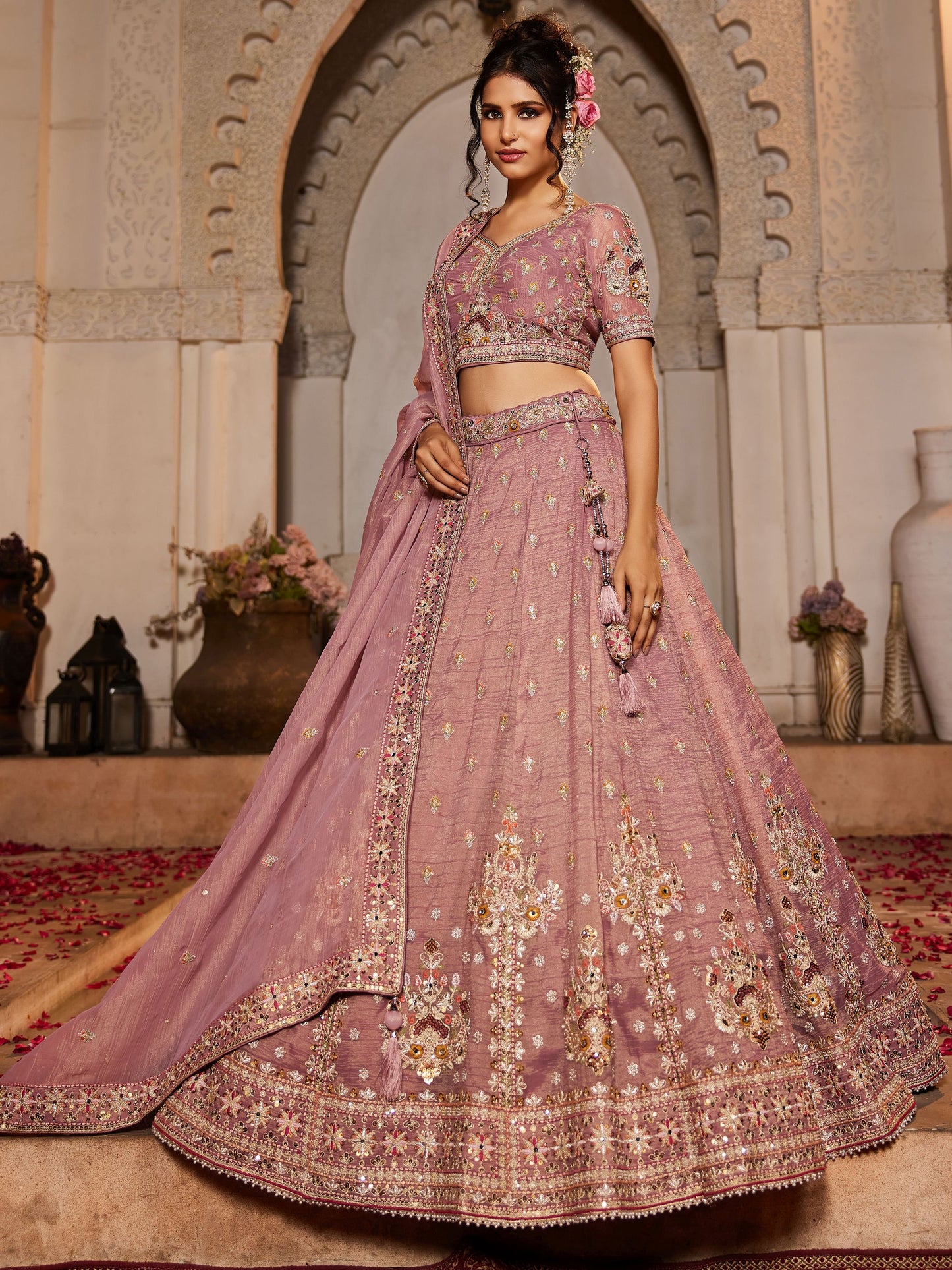 Wedding & Reception Party Wear Pink Color Embroidery Work Flared Style Lehenga Choli