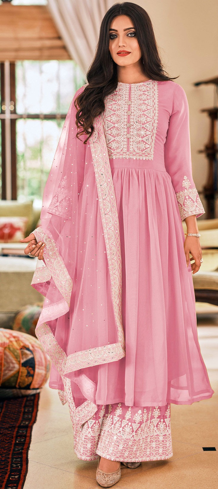 Pink Thread Embroidered Designer Salwar Kameez Palazzo with Dupatta