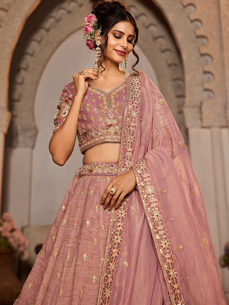 Wedding & Reception Party Wear Pink Color Embroidery Work Flared Style Lehenga Choli