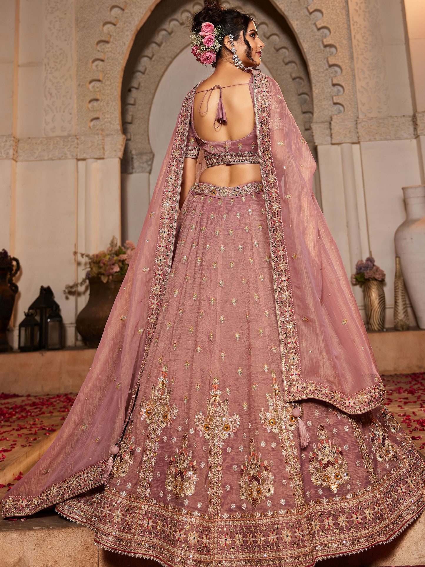 Wedding & Reception Party Wear Pink Color Embroidery Work Flared Style Lehenga Choli