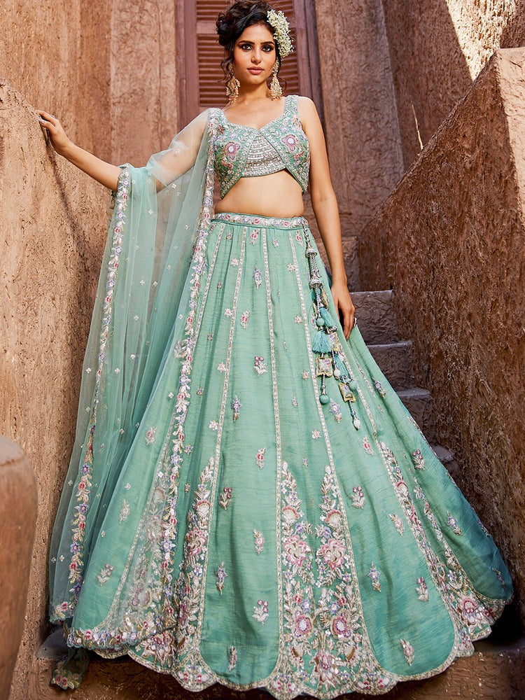 Trendy Sky Blue Georgette Lehenga Choli with Sequins Work