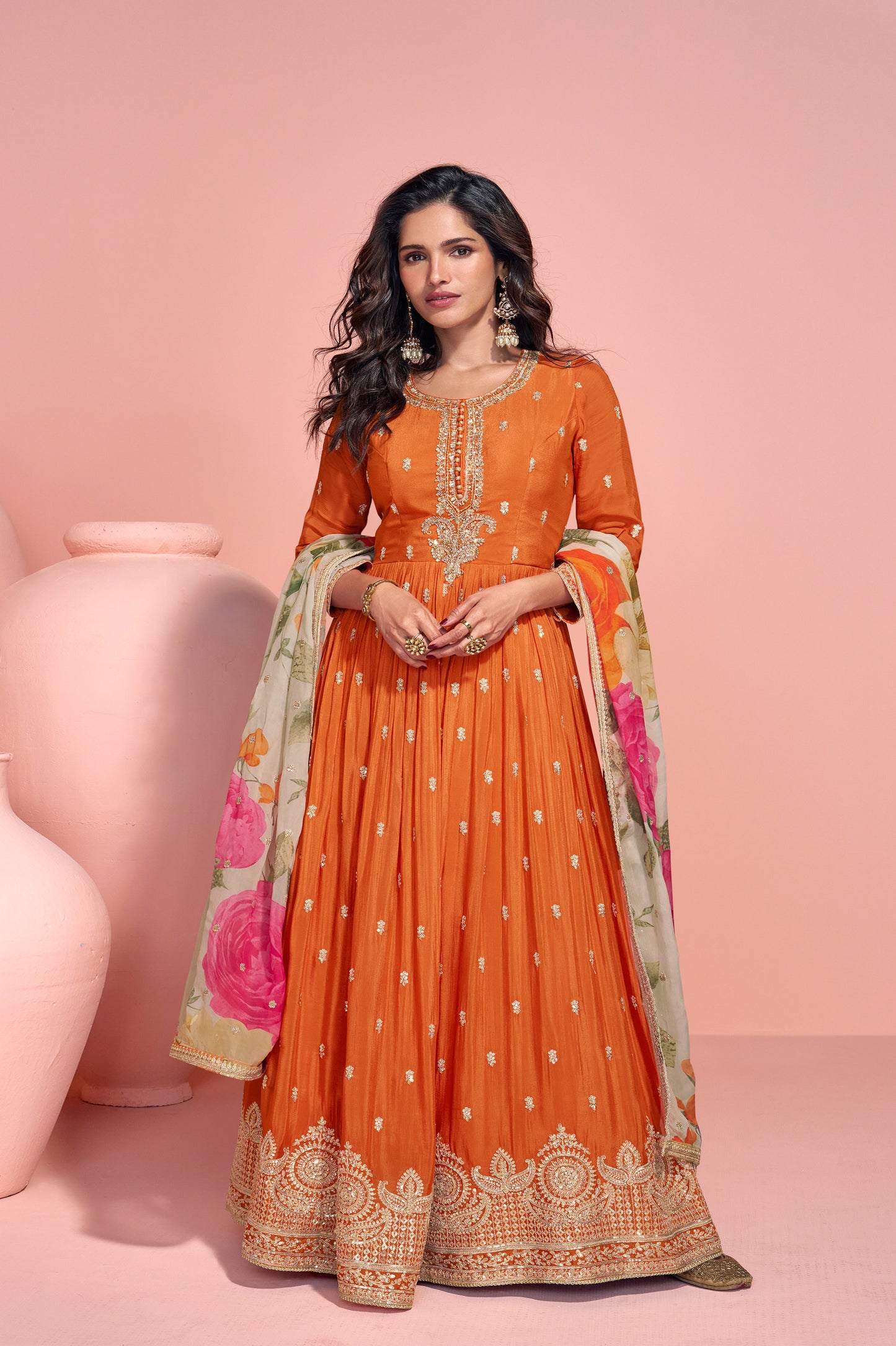 Amazing Orange Chinon Silk Embroidered Gown with Stylish Dupatta