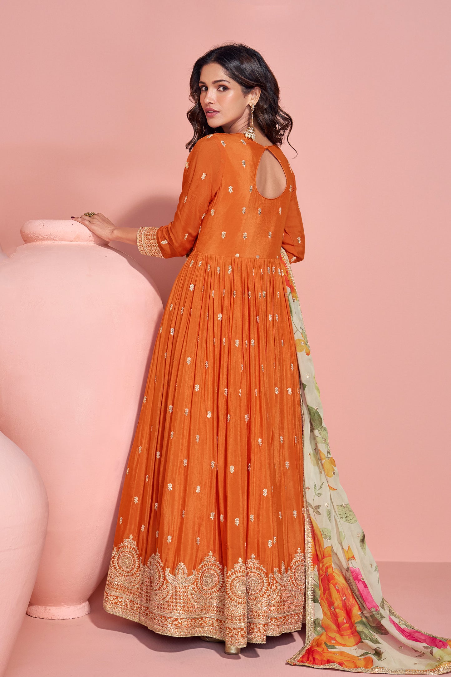 Amazing Orange Chinon Silk Embroidered Gown with Stylish Dupatta