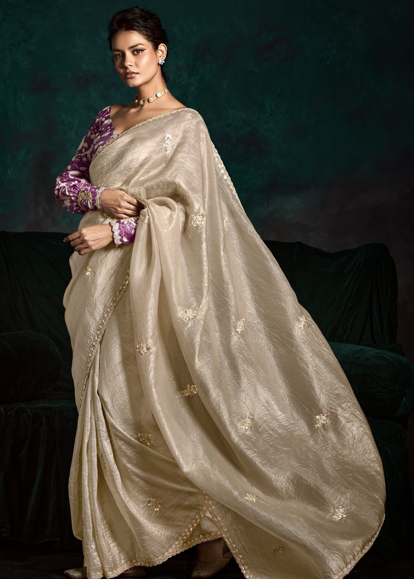 Beige Color Designer Embroidery Work Saree With Printed Blouse
