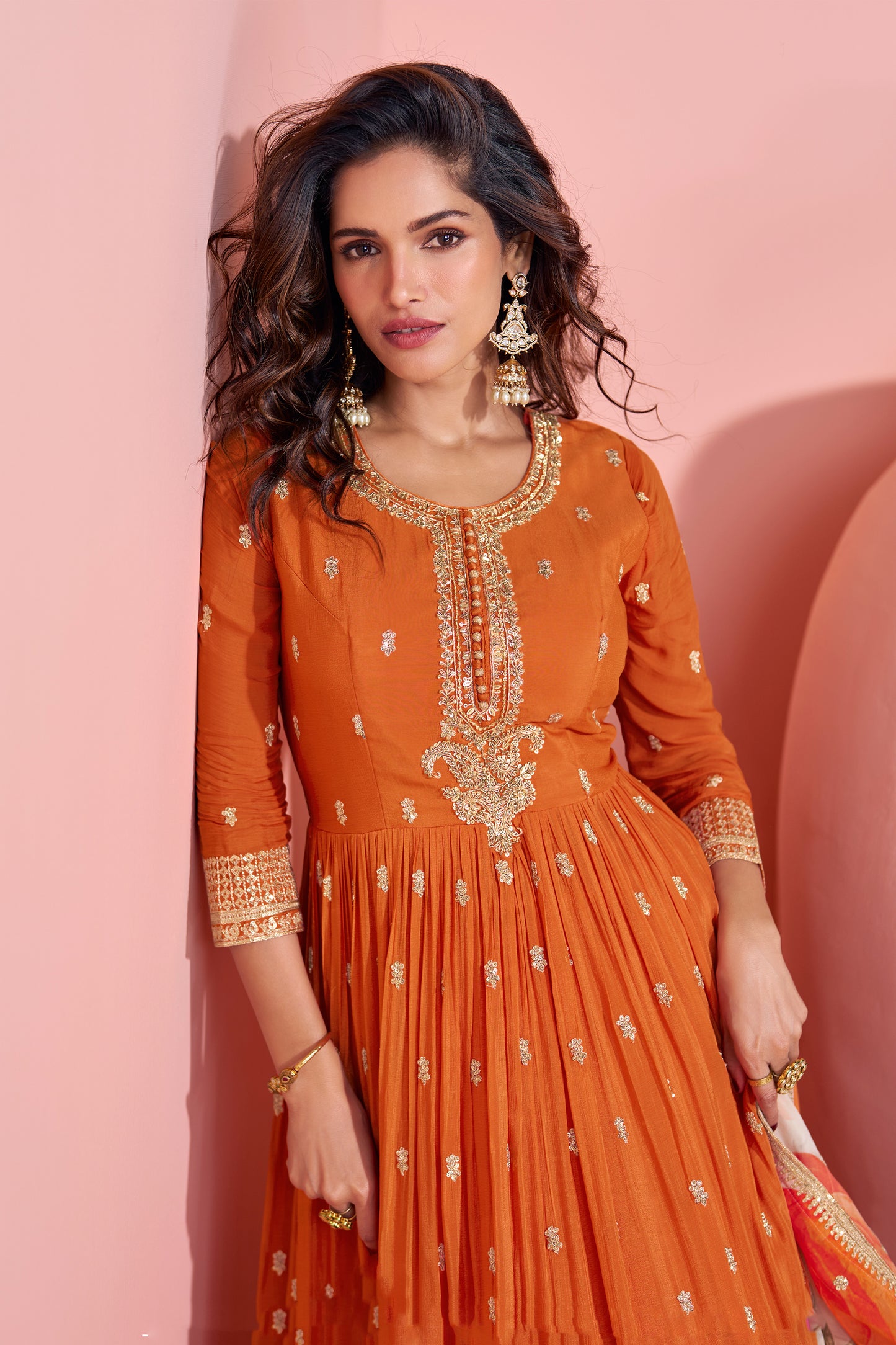 Amazing Orange Chinon Silk Embroidered Gown with Stylish Dupatta