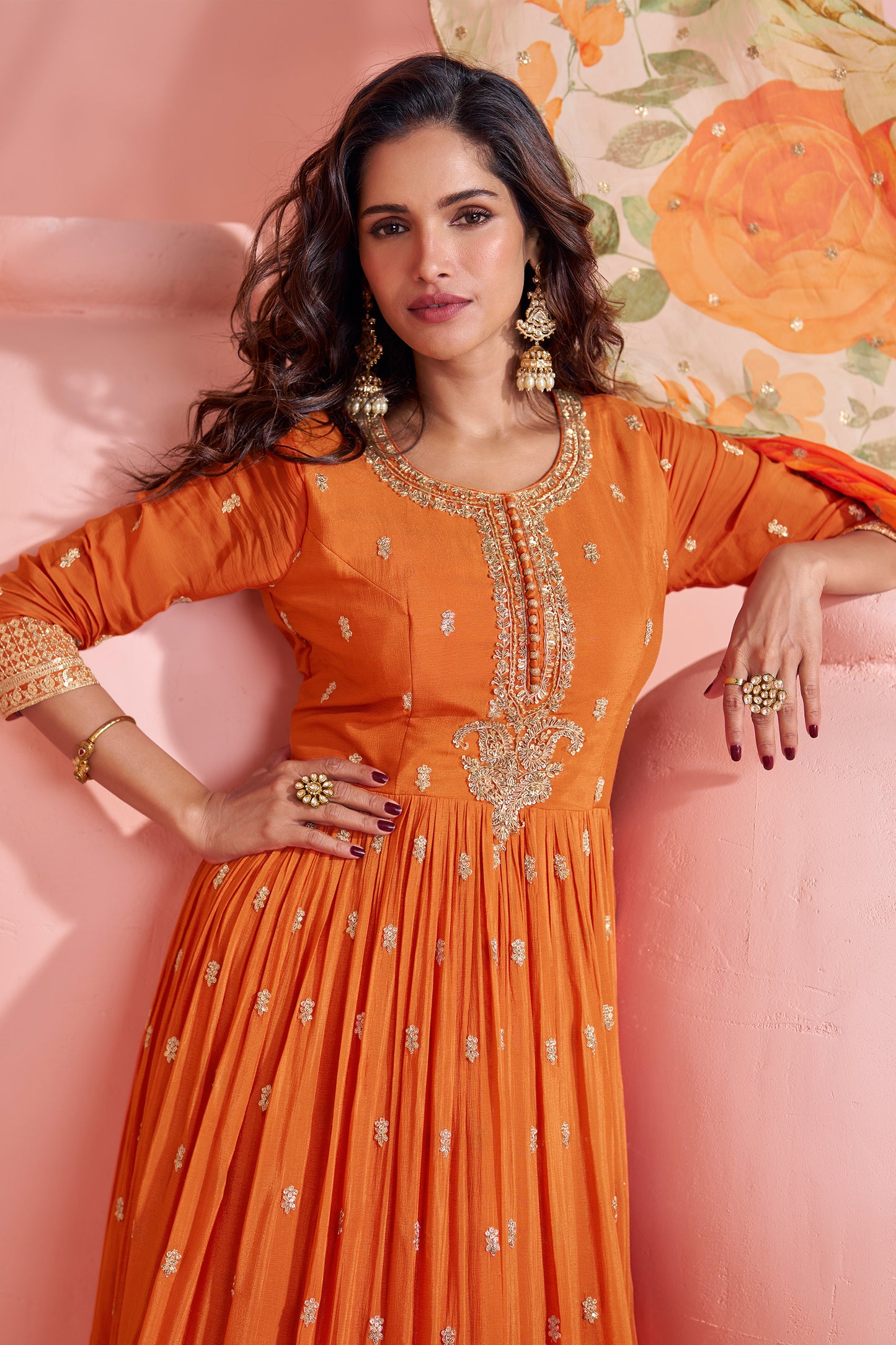 Amazing Orange Chinon Silk Embroidered Gown with Stylish Dupatta