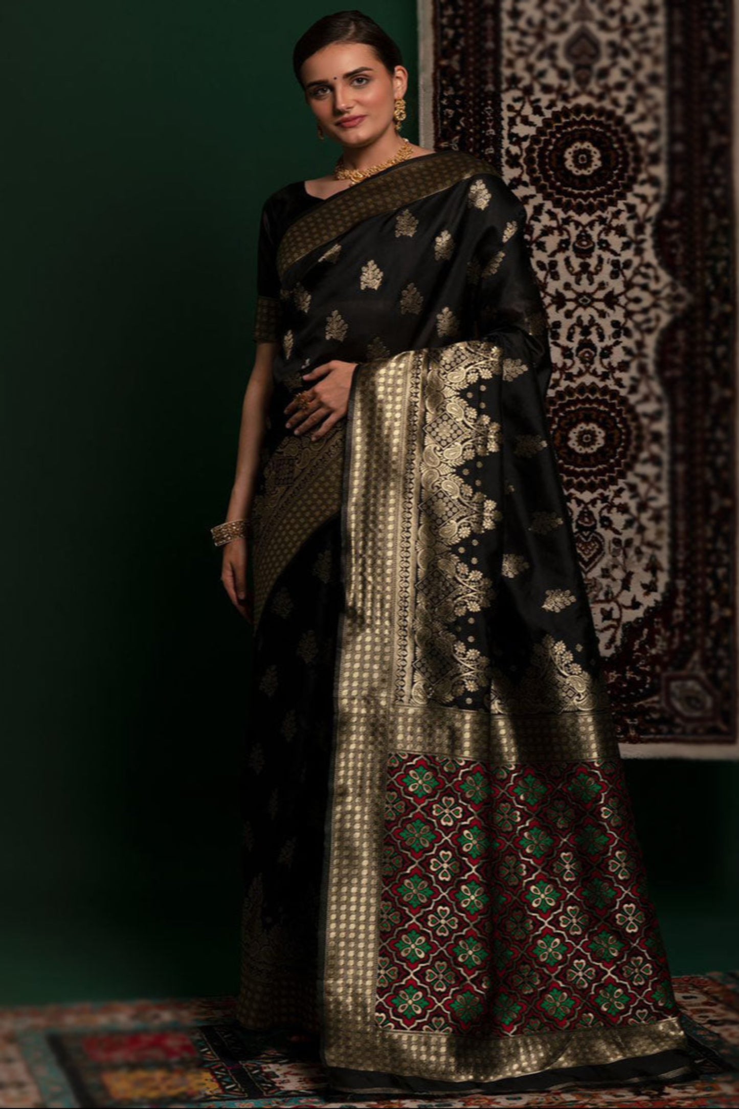 Black Woven Zari Work Saree for Indian & Pakistani Wedding Functions