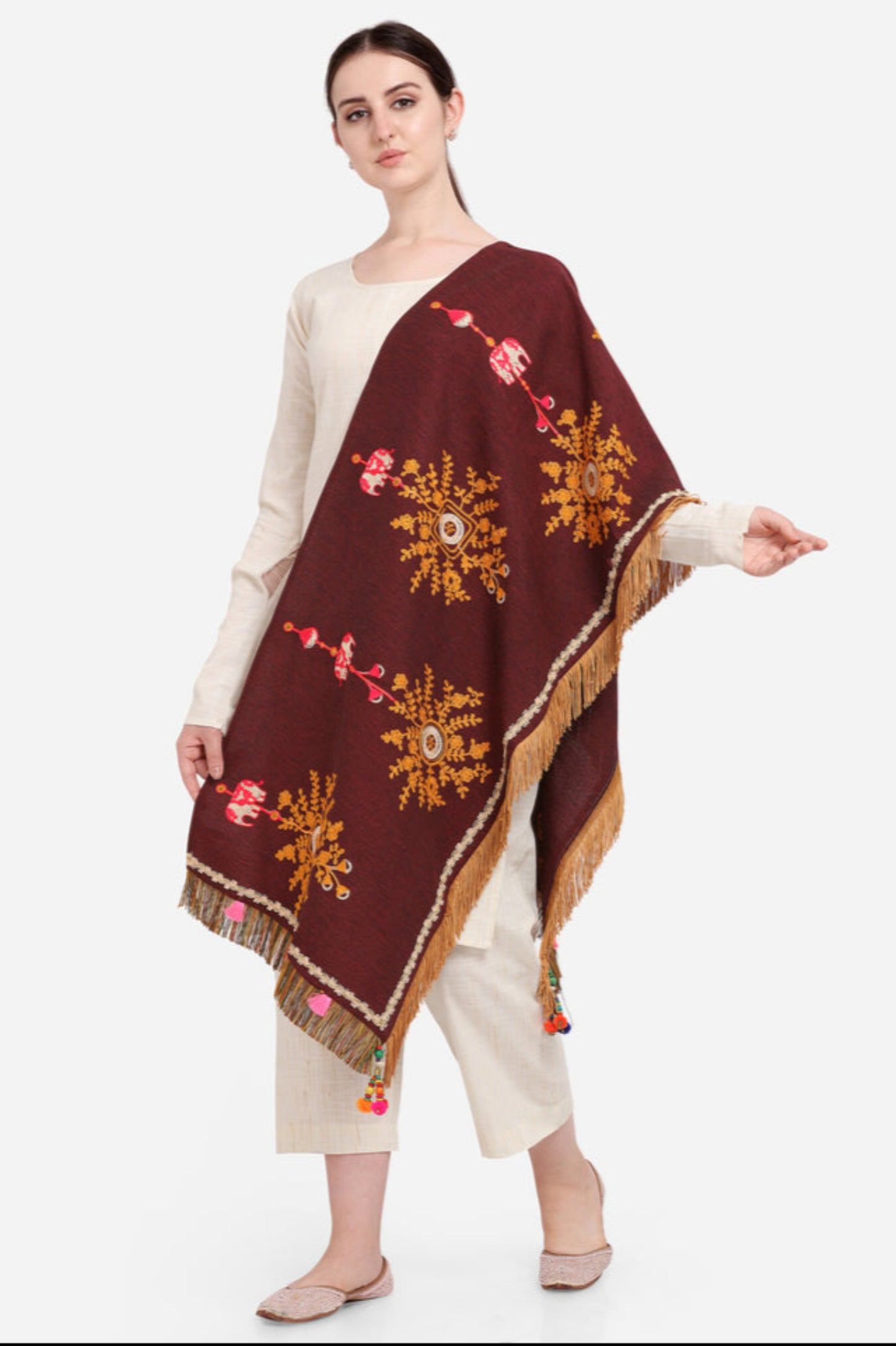 Brown Embroidered & Floral Print Khadi Cotton Dupatta