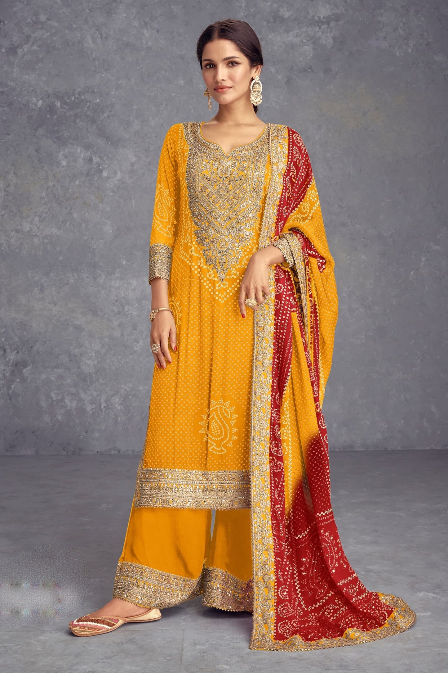 New Style Yellow Color Siquance Work Western Plazzo Dress With Dupatta