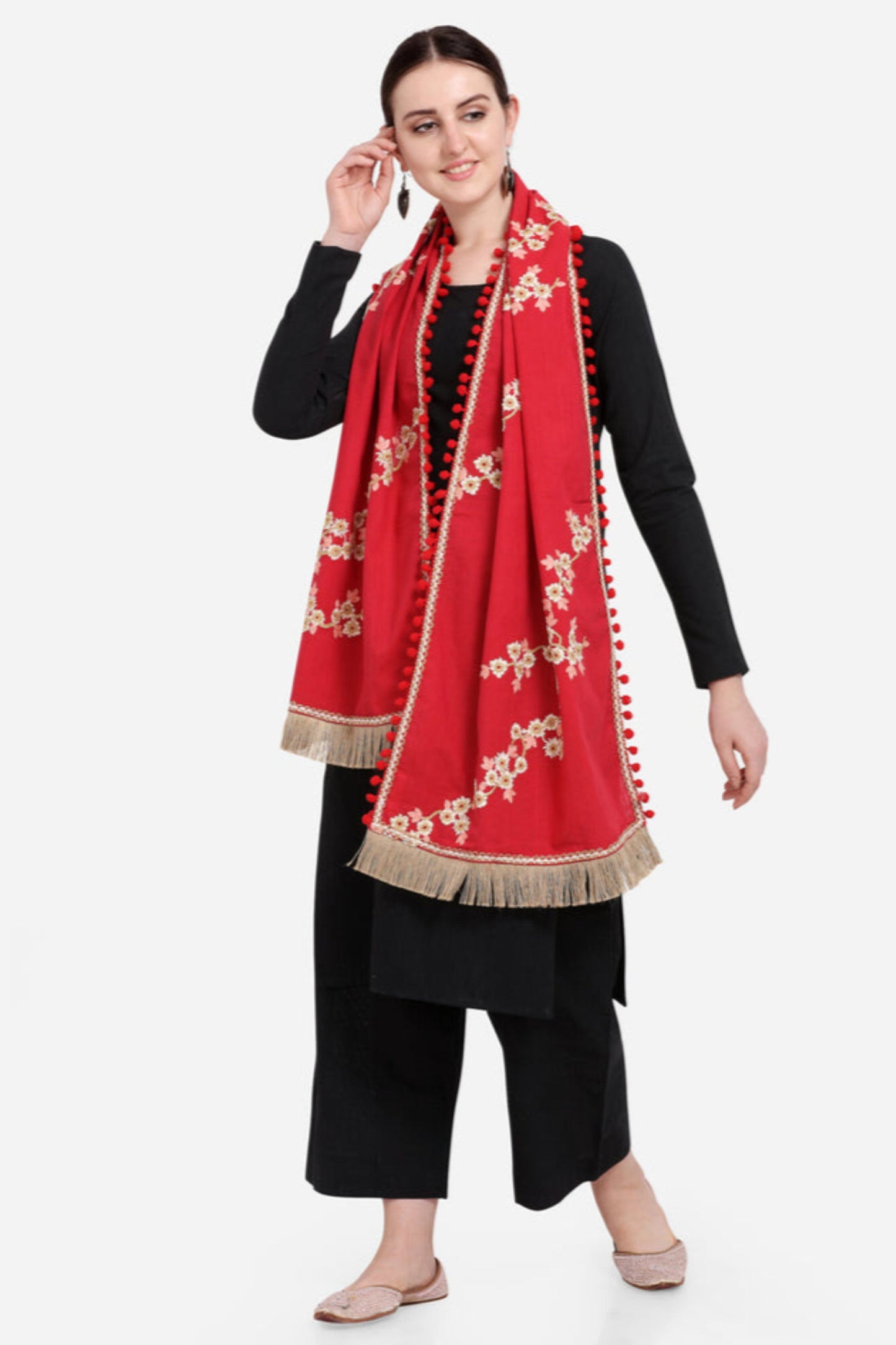 Red Floral Embroidered Khadi Cotton Dupatta – Indo-Pak Style