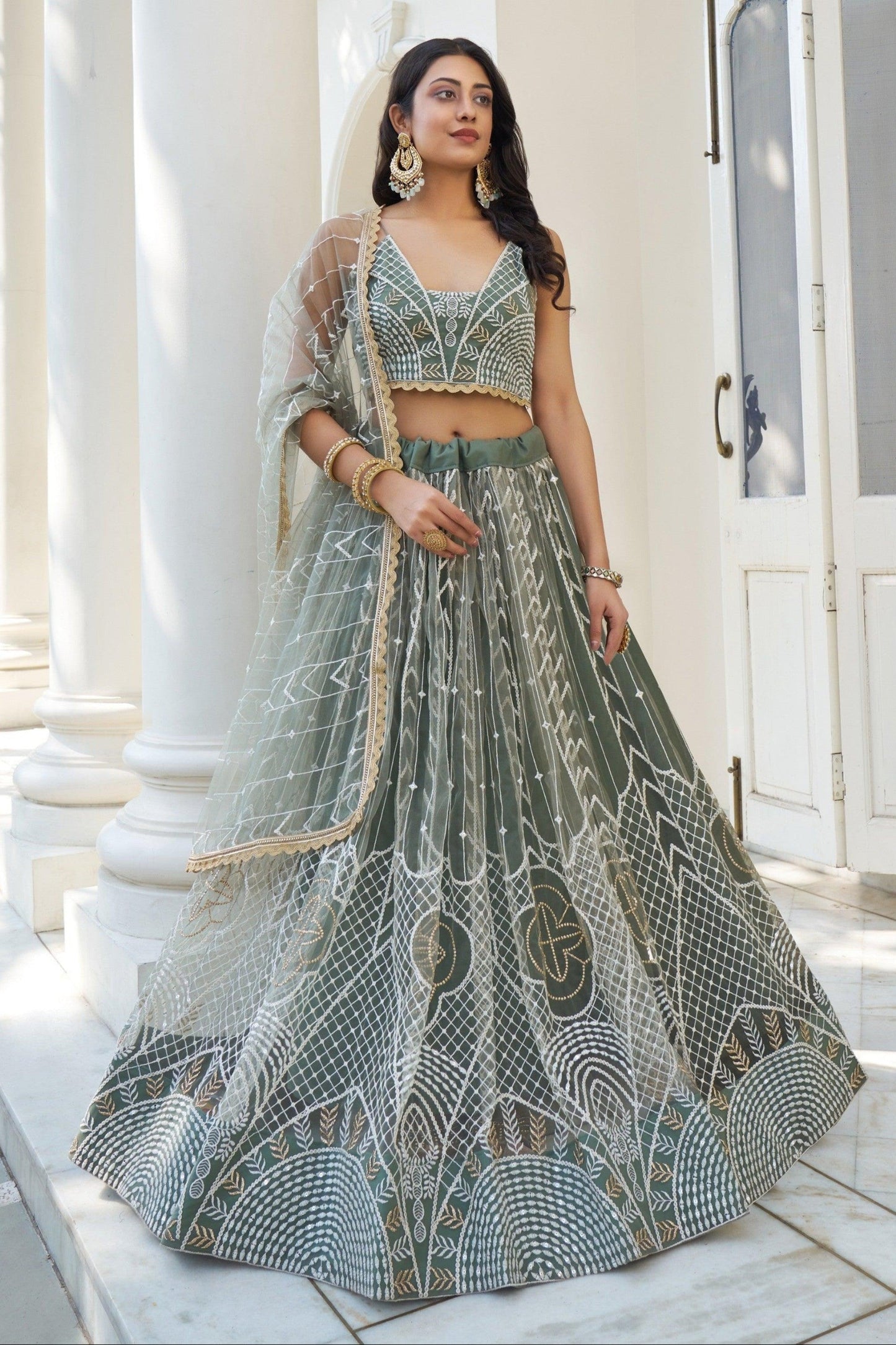 Wedding-Reception Special Olive Green Color Multi Embroidery Work Party Wear lehenga