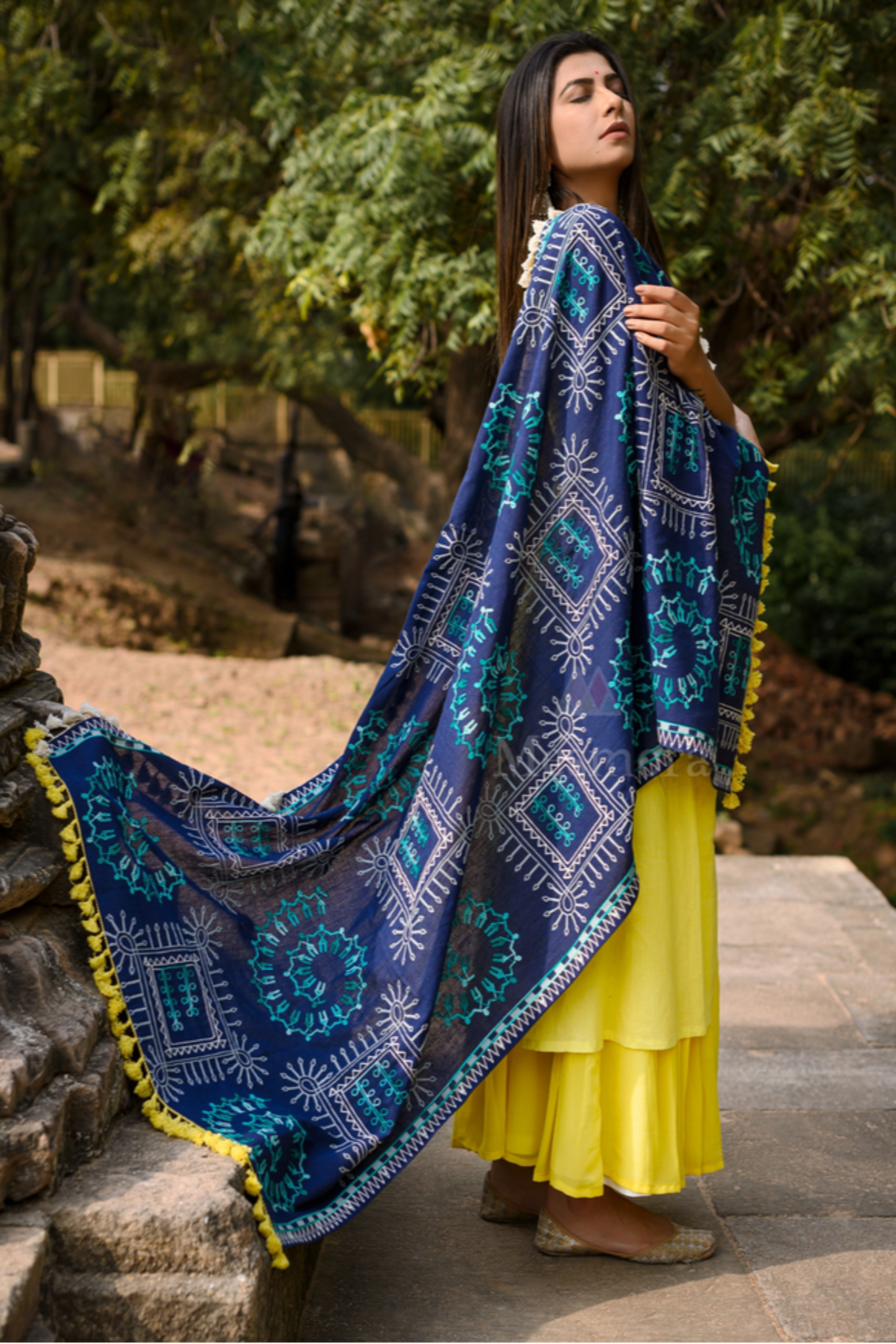 Navy Blue Designer Khadi Cotton Dupatta with Heavy Embroidery