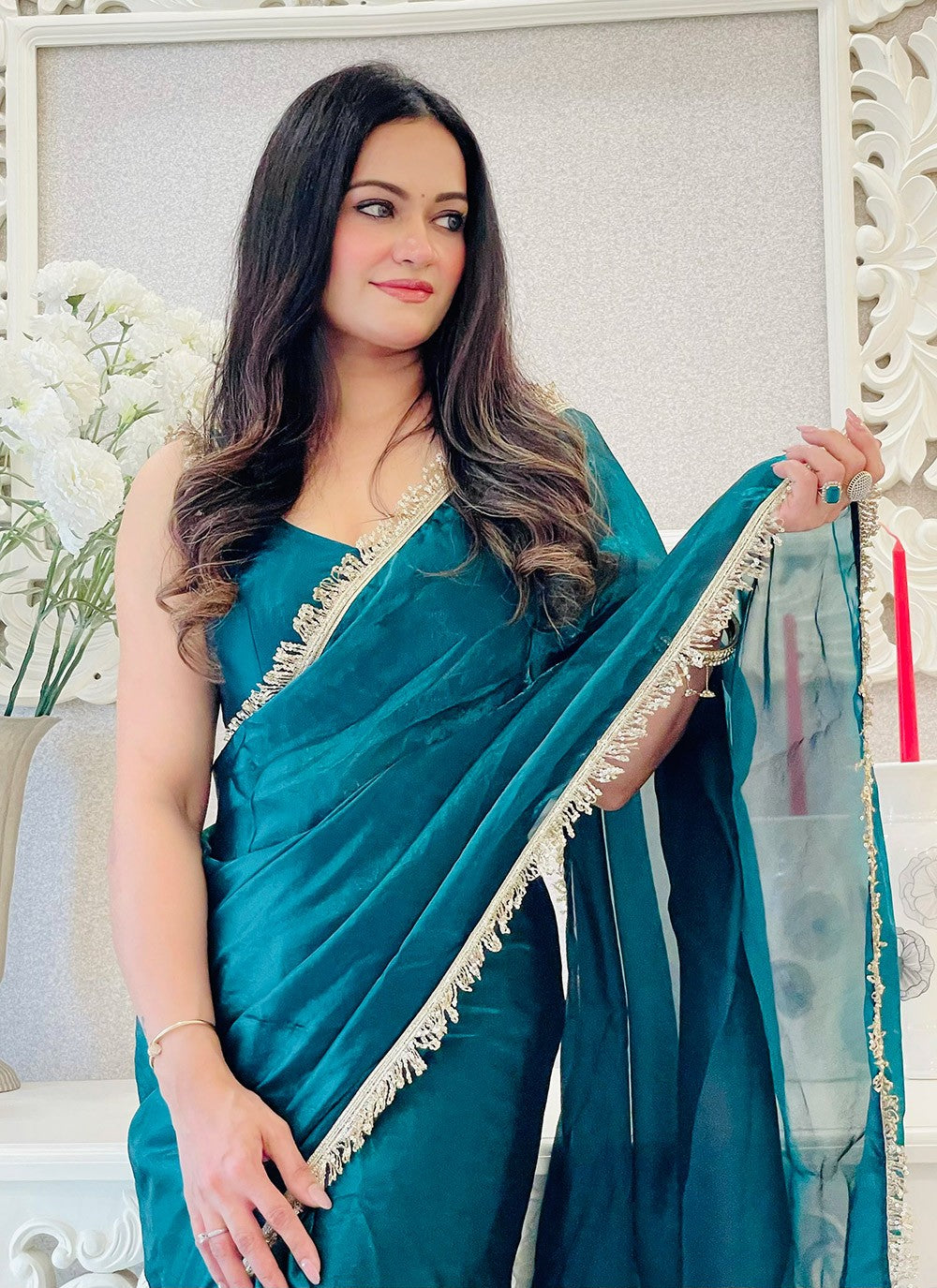 Teal Blue Designer Satin Silk & Embroidery Work Ceremonial Wear Classis Saree