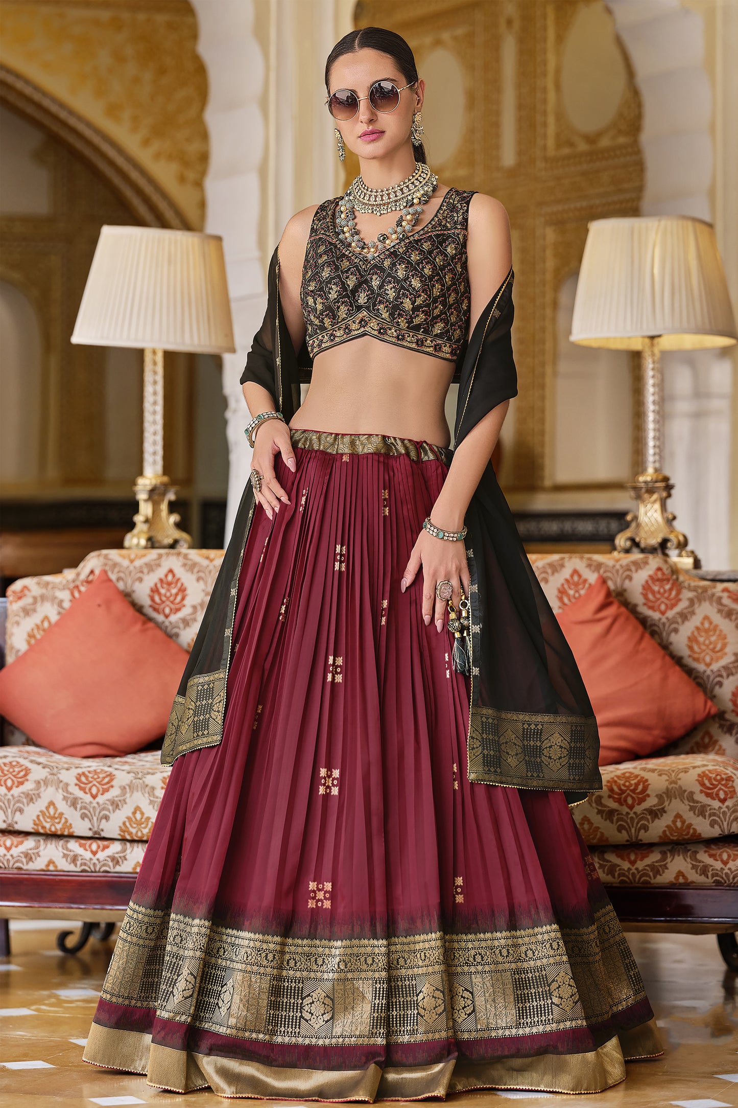 Traditional Maroon Color Lehenga Suit With Dupatta For Religious Ceremonies