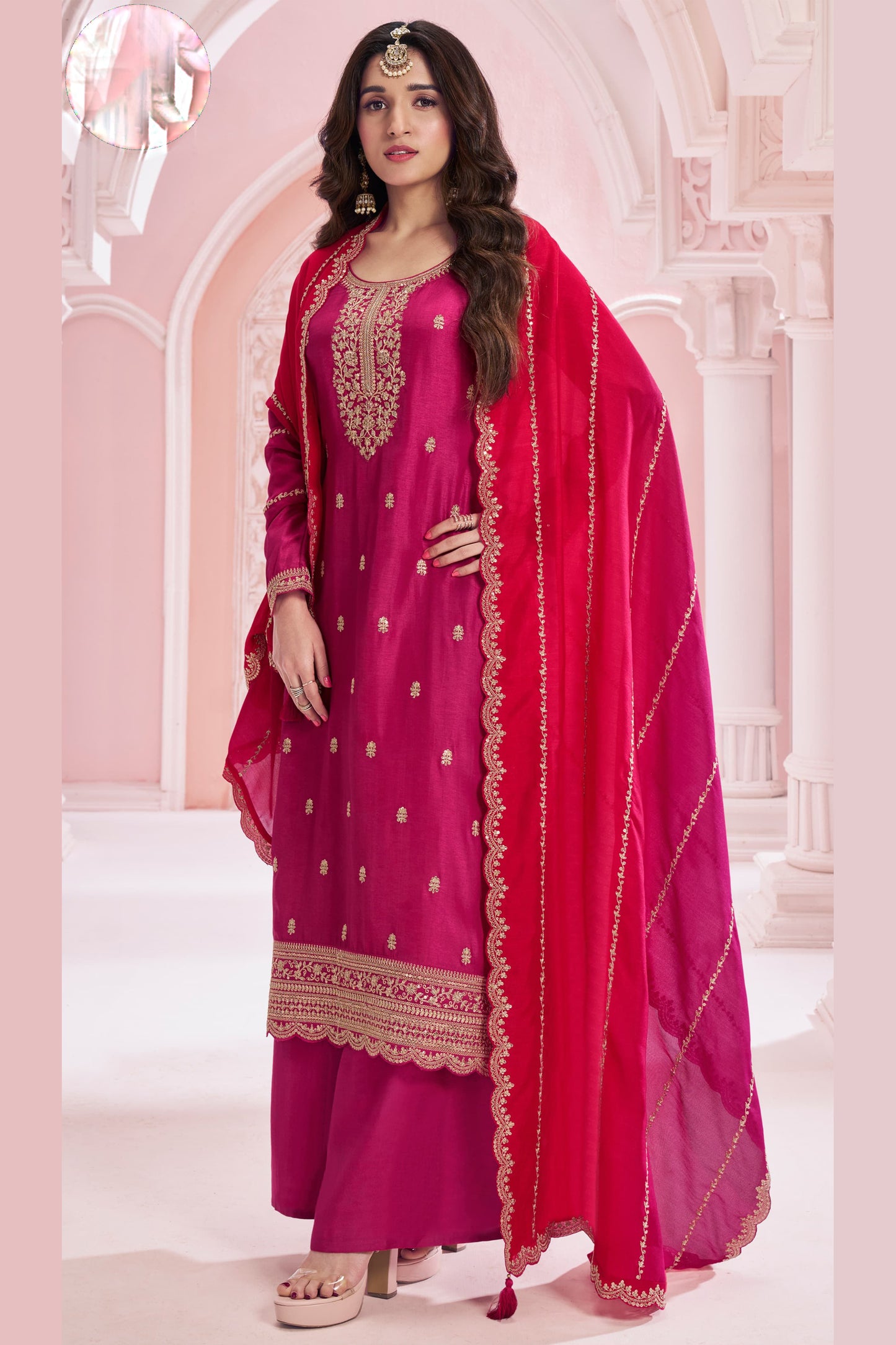 New Style Dark Pink Color Embroidery Work Palazzo Dress With Dupatta
