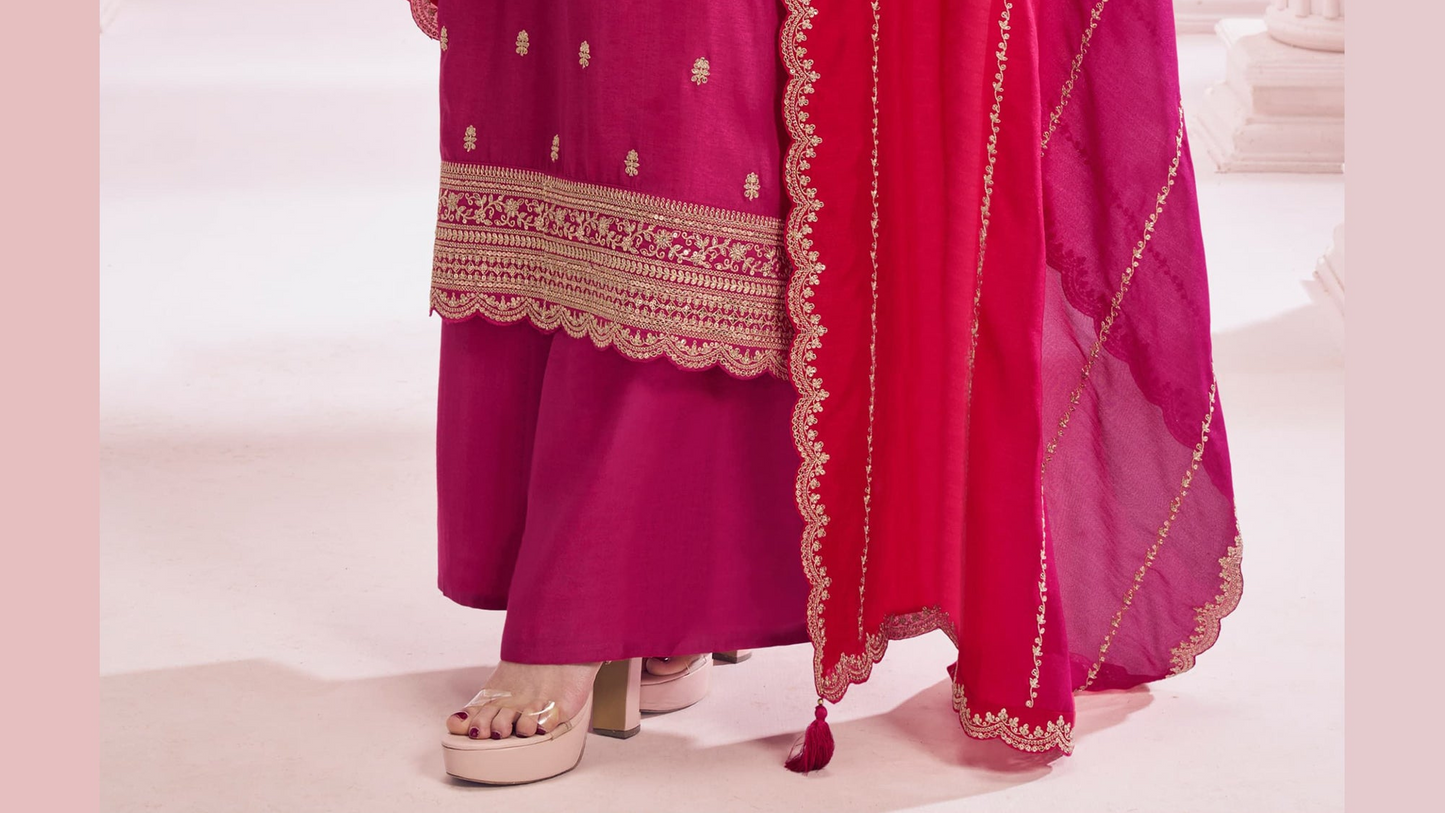 New Style Dark Pink Color Embroidery Work Palazzo Dress With Dupatta