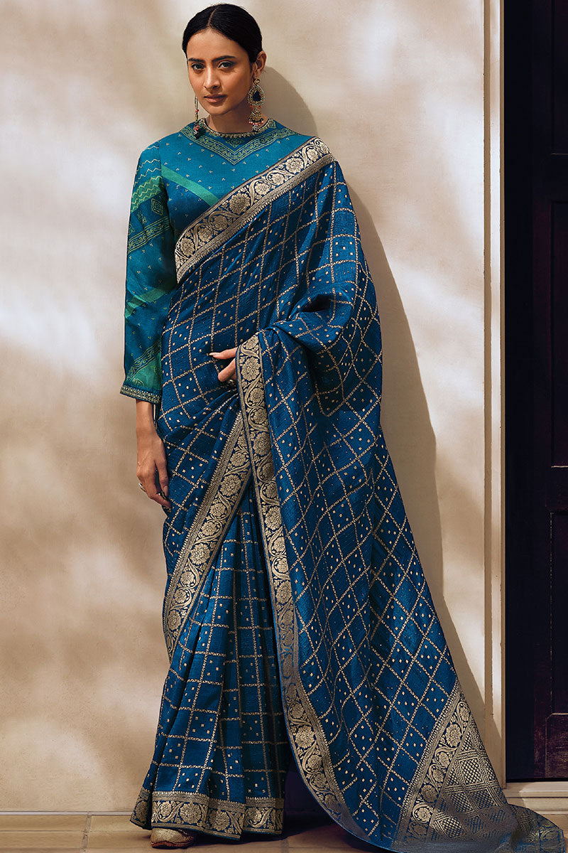 Viscose Silk Designer Bandhani Printed Saree With Teal Blouse For Wedding Event Wear