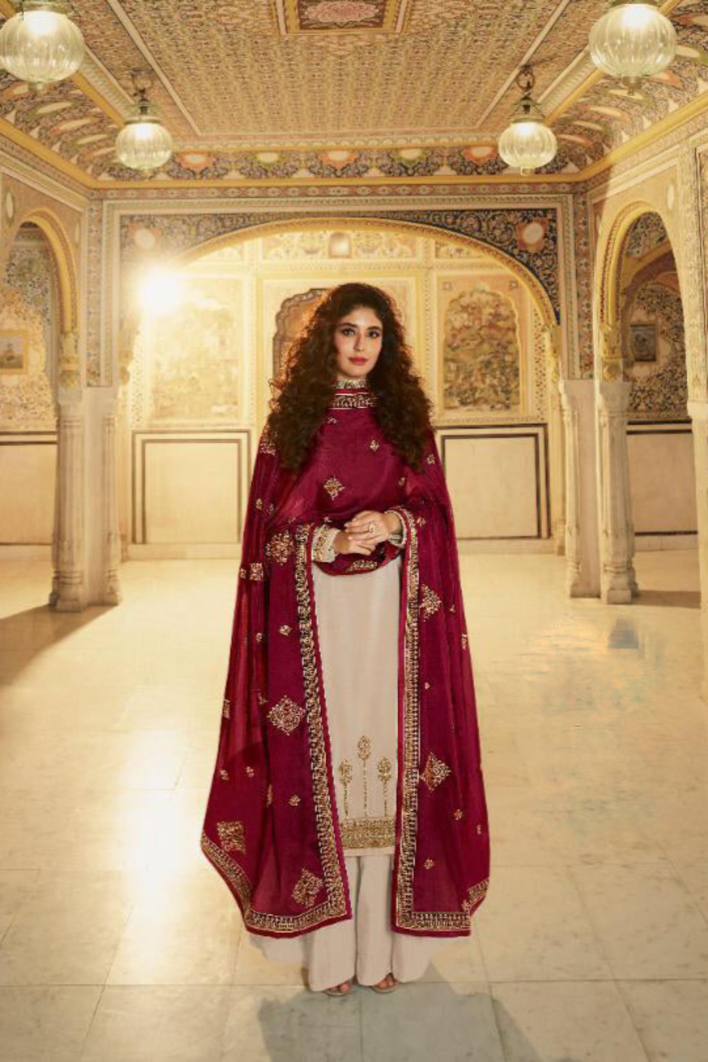 Cream Embroidered Bollywood Style Palazzo Dress with Dupatta