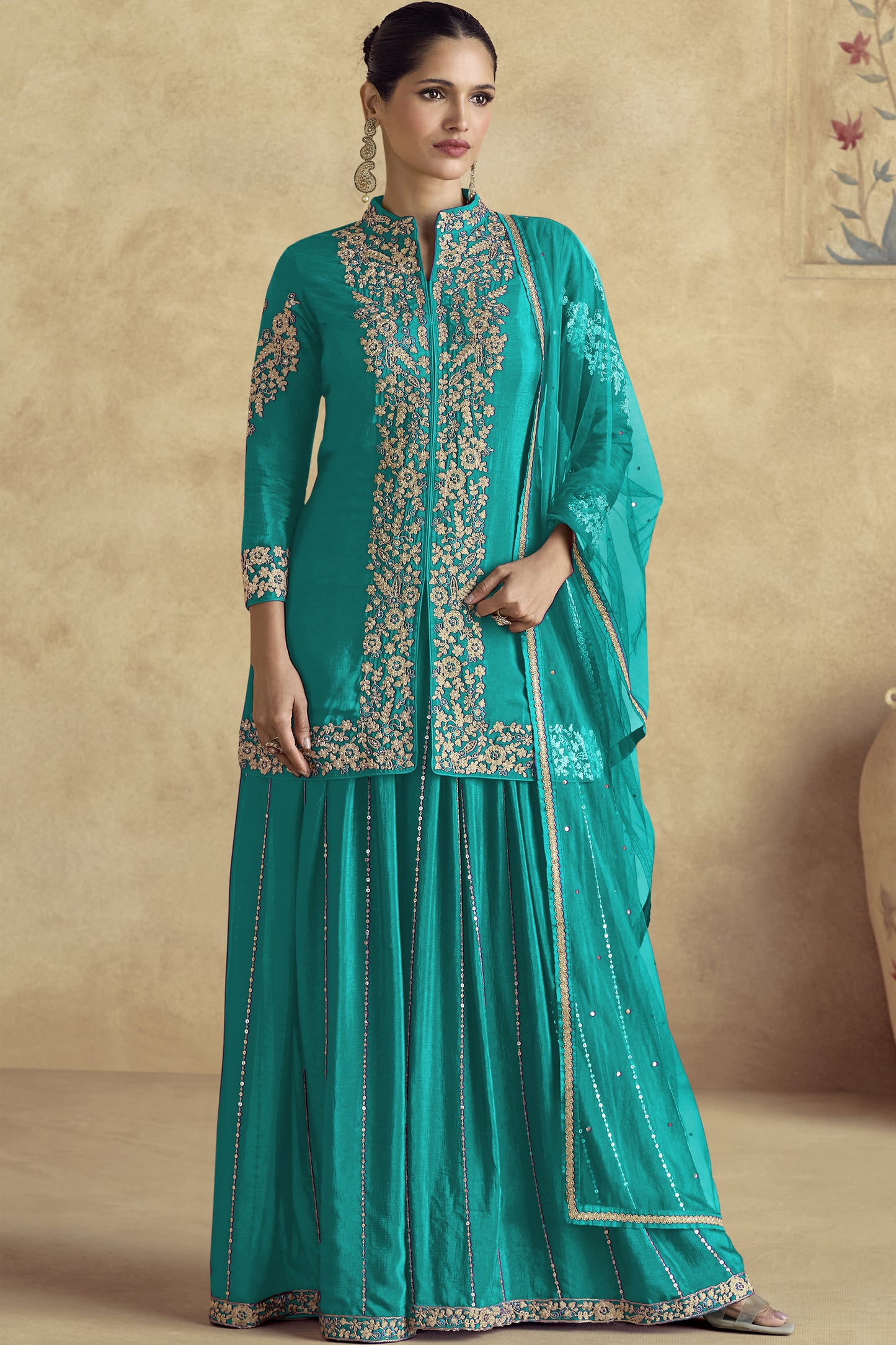 Exclusive Teal Color Salwar Kameez Plazzo With Dupatta Suit For USA Customers