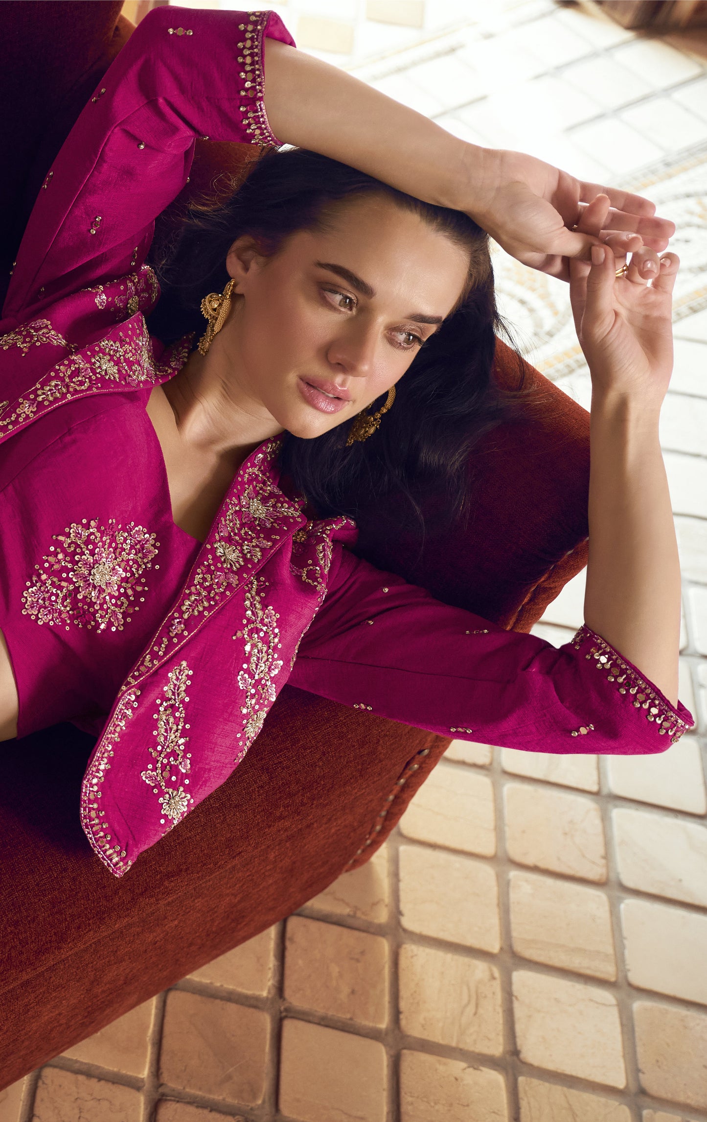 Western-style rani pink embroidered lehenga, ready to wear in USA.