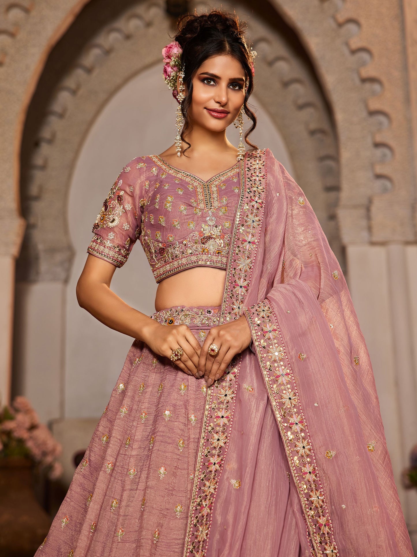 Wedding & Reception Party Wear Pink Color Embroidery Work Flared Style Lehenga Choli