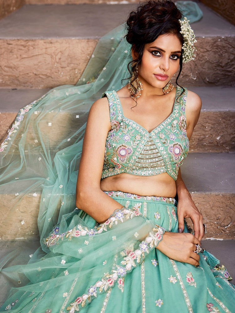 Trendy Sky Blue Georgette Lehenga Choli with Sequins Work