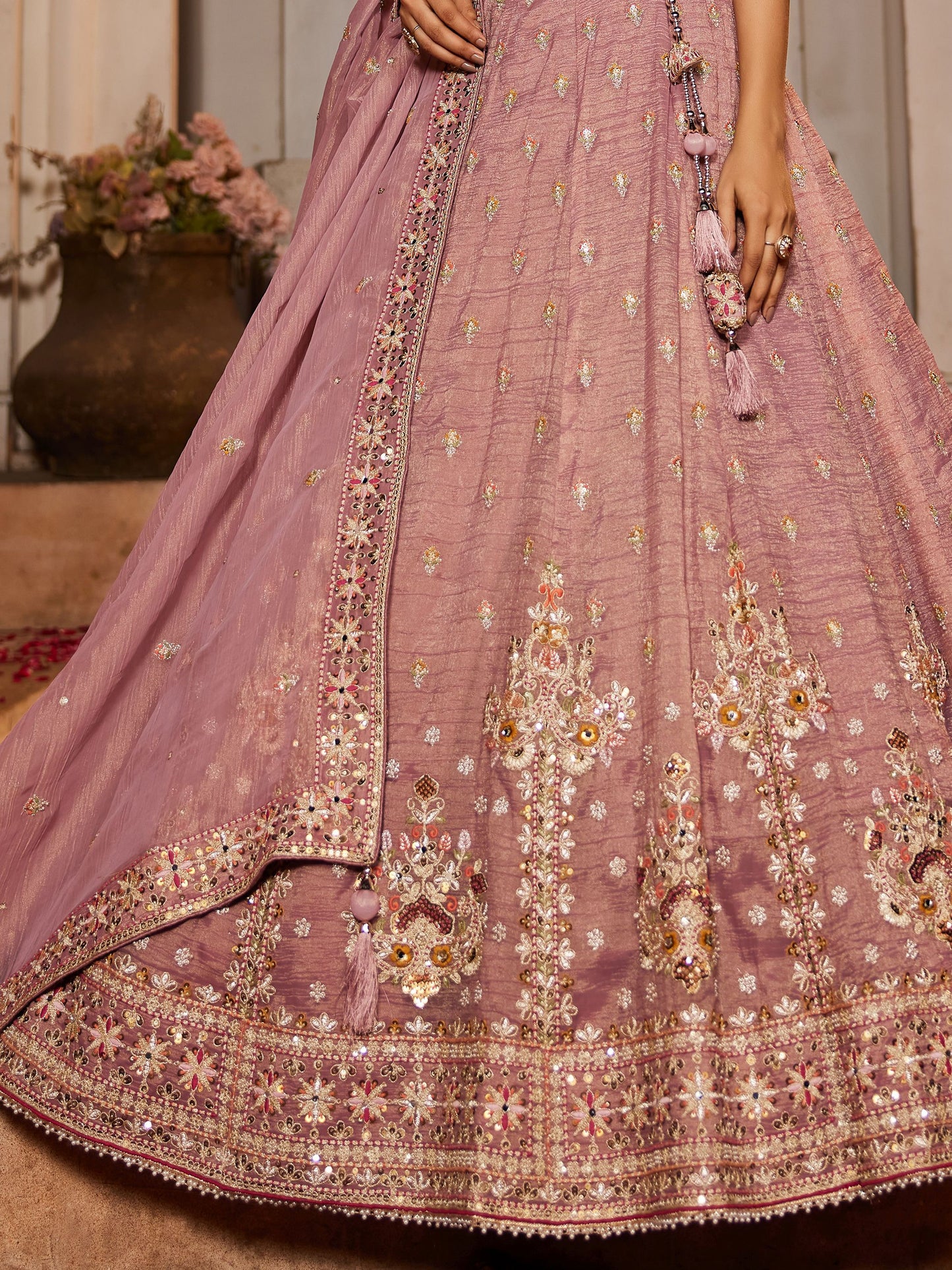 Wedding & Reception Party Wear Pink Color Embroidery Work Flared Style Lehenga Choli