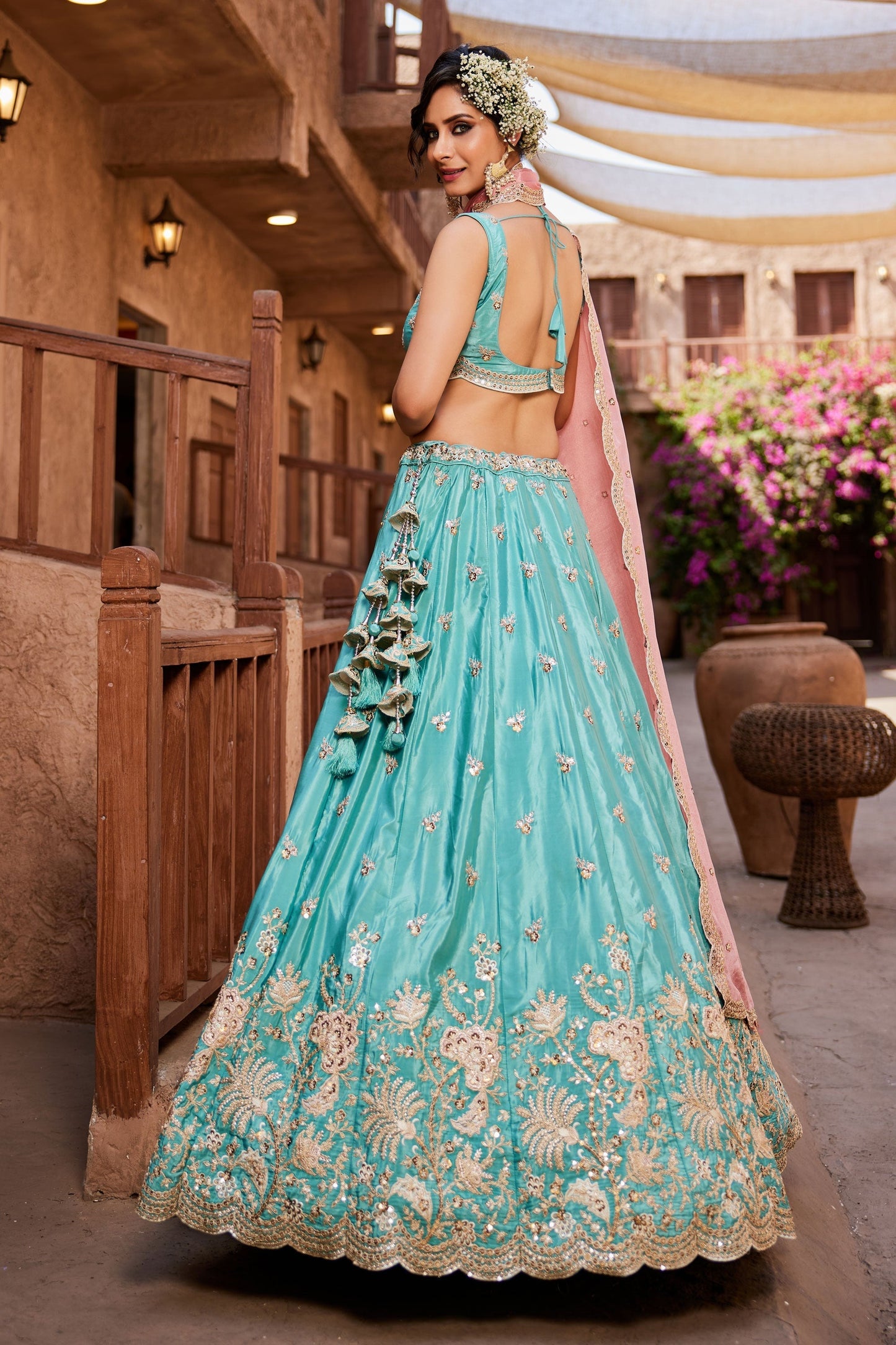 Exclusive Designer Sky Blue Tissue Fabric Lehenga Choli With Pink Dupatta