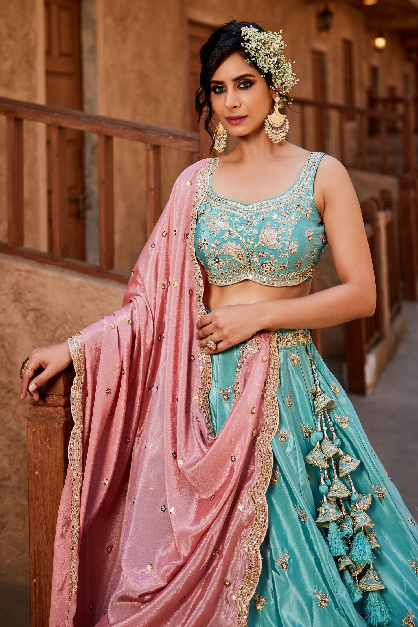Exclusive Designer Sky Blue Tissue Fabric Lehenga Choli With Pink Dupatta