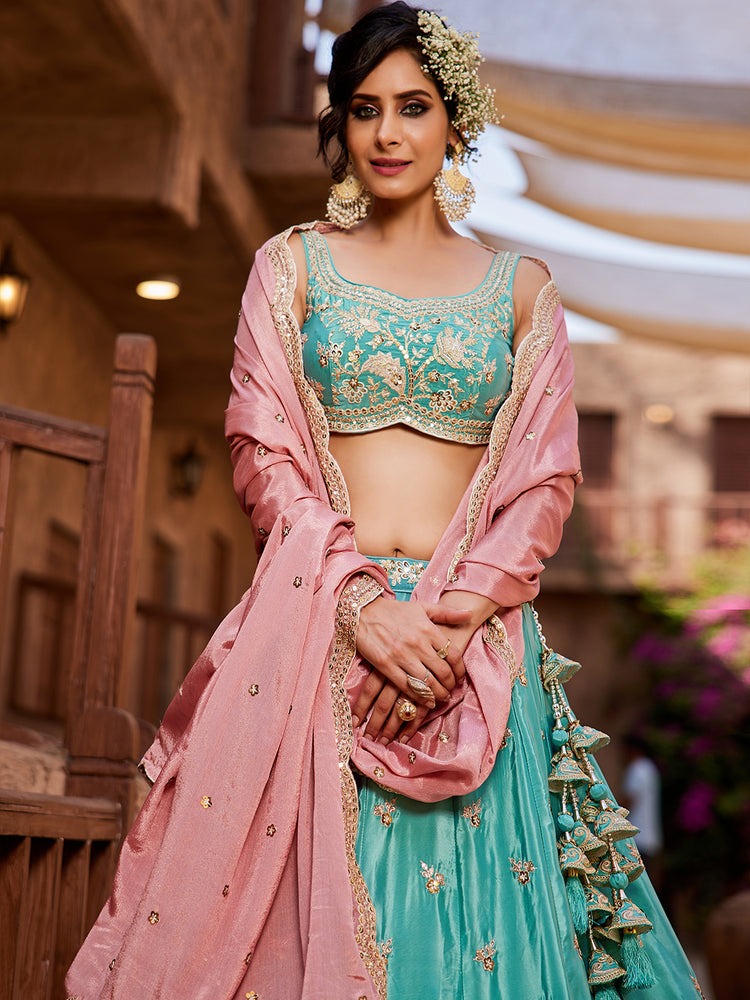 Exclusive Designer Sky Blue Tissue Fabric Lehenga Choli With Pink Dupatta