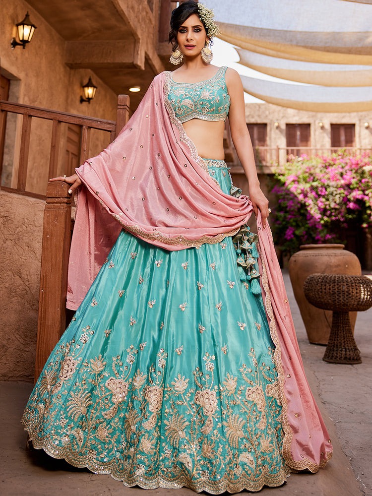 Exclusive Designer Sky Blue Tissue Fabric Lehenga Choli With Pink Dupatta