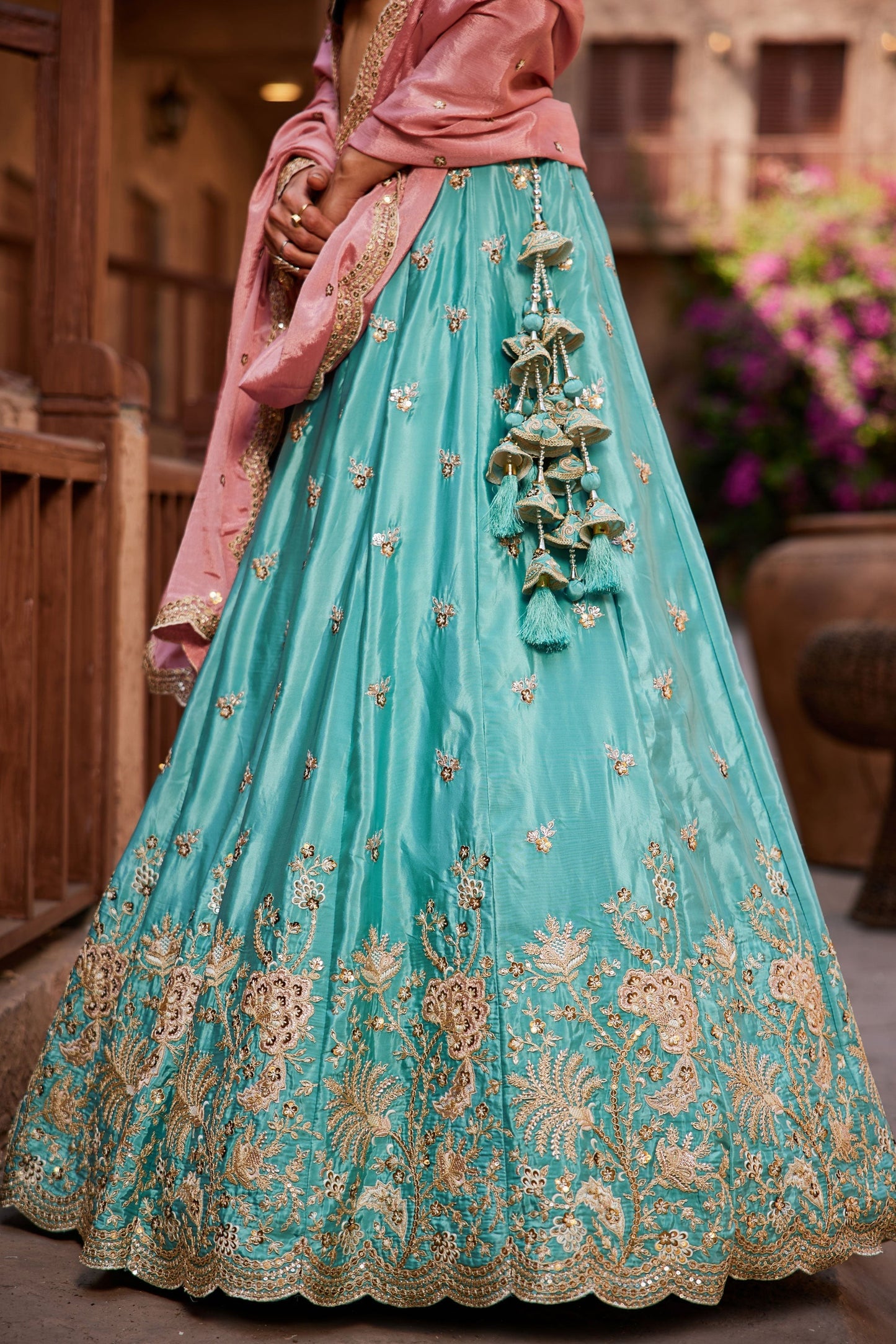 Exclusive Designer Sky Blue Tissue Fabric Lehenga Choli With Pink Dupatta