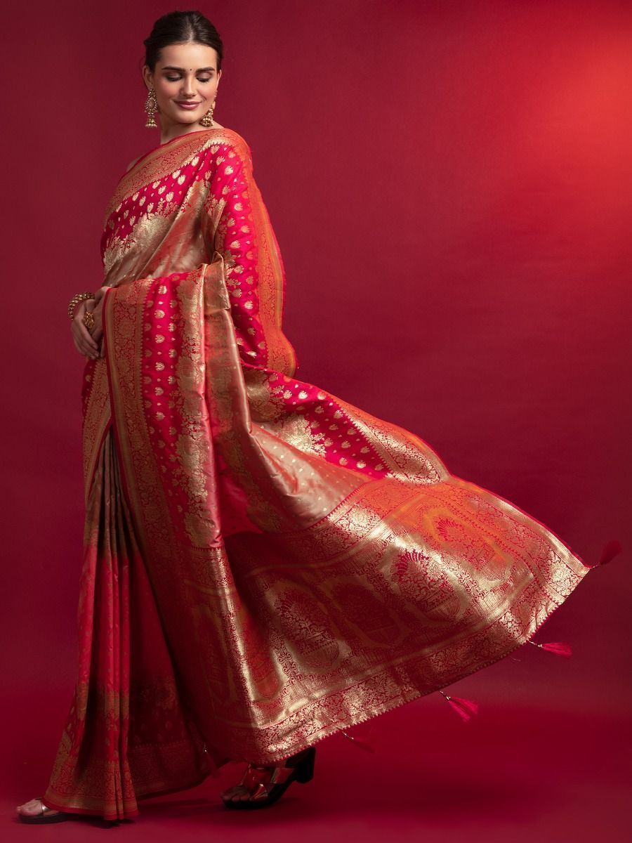 Women's Wear Ready To Wear Red Color Weaving Work Stylish Silk Fabric Saree