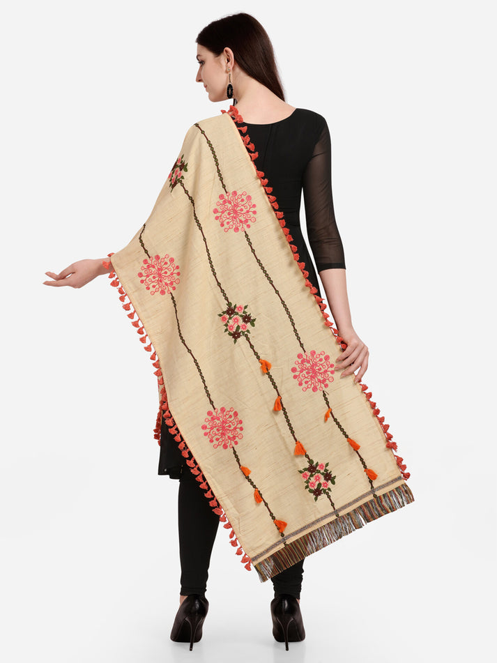 Beige Floral Embroidered Khadi Cotton Dupatta for Festive Wear