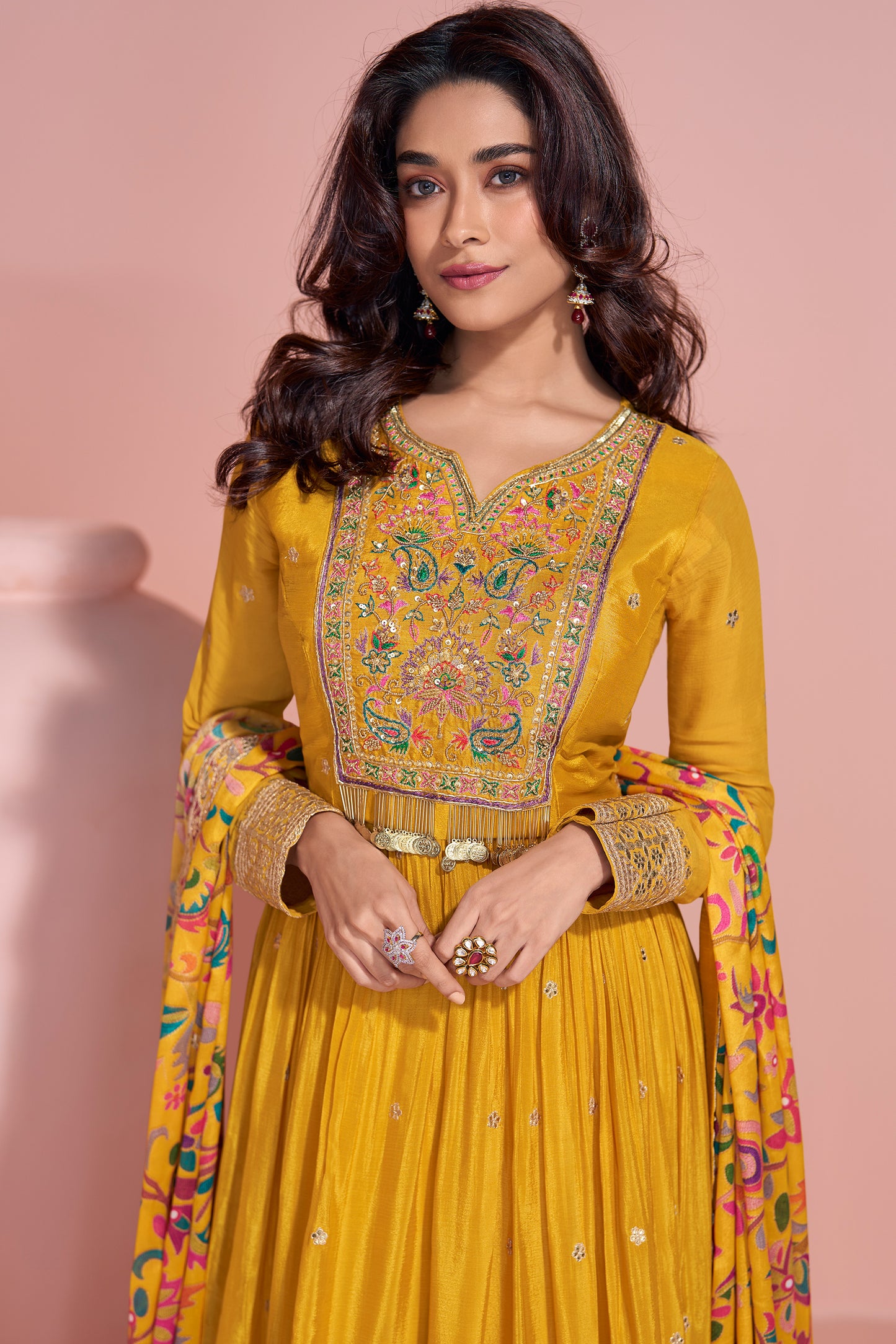 Indian Chinon Silk Anarkali Gown for Haldi with Printed Dupatta