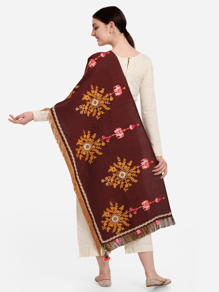 Brown Embroidered & Floral Print Khadi Cotton Dupatta