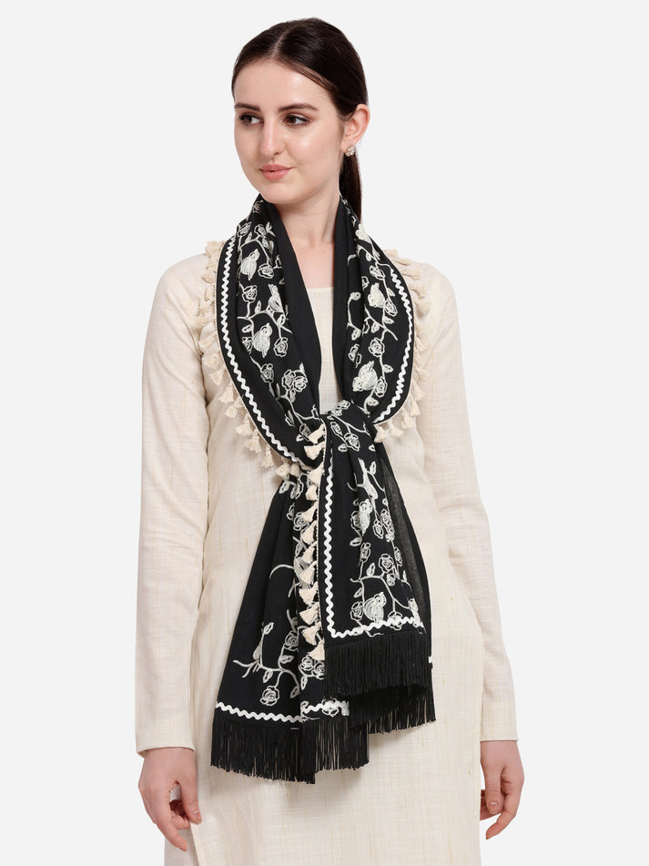 Black Floral Embroidered Pure Khadi Dupatta for Events